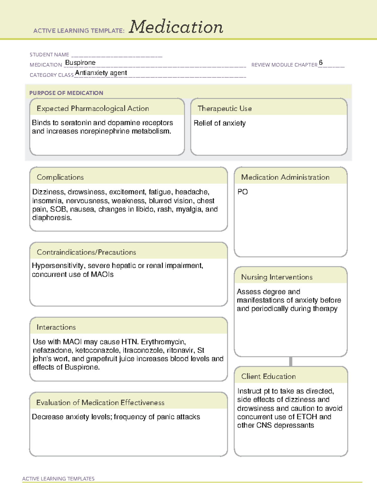 ACTIVE LEARNING TEMPLATE: ATI Med Remediation on Buspirone (Ch 6) - Studocu