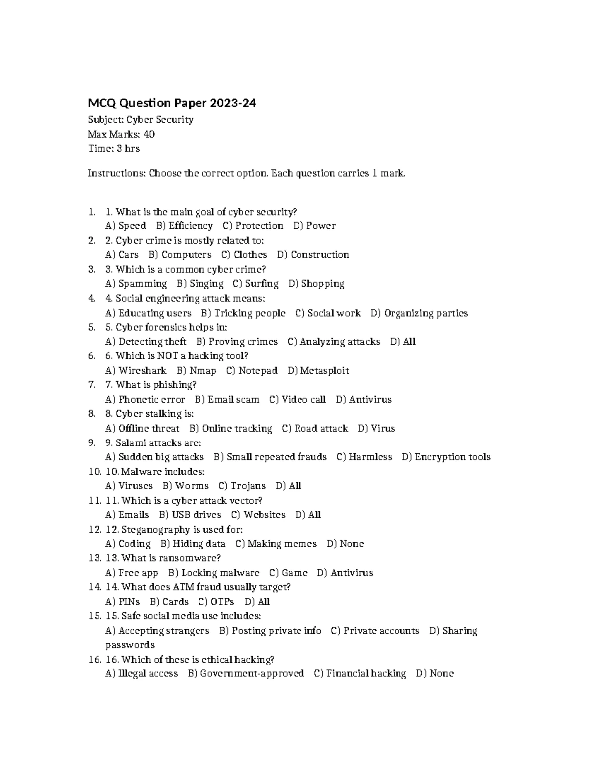 MCQ Question Paper: Advanced Excel Tools (2023-24) - Max Marks: 40 ...