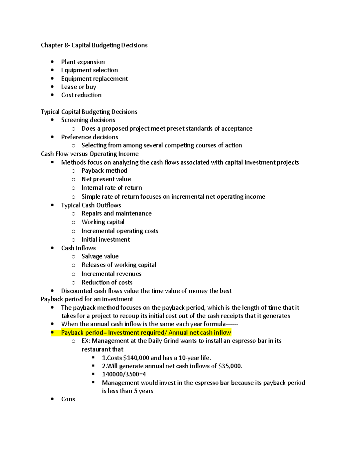 Chapter 8 notes - Chapter Capital Budgeting Decisions Plant expansion ...