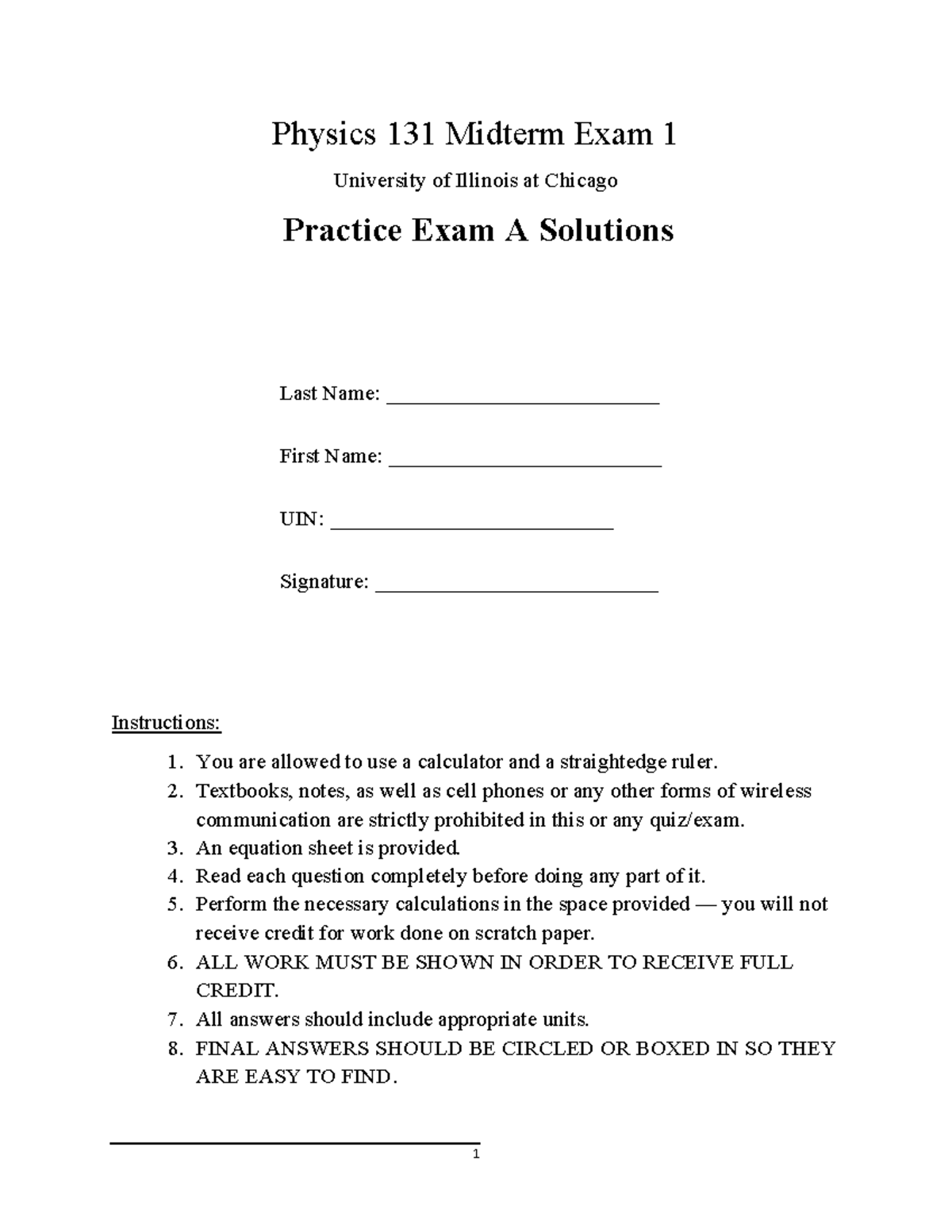 Physics 131 Midterm Exam 1 Practice Solutions - Physics 131 Midterm ...
