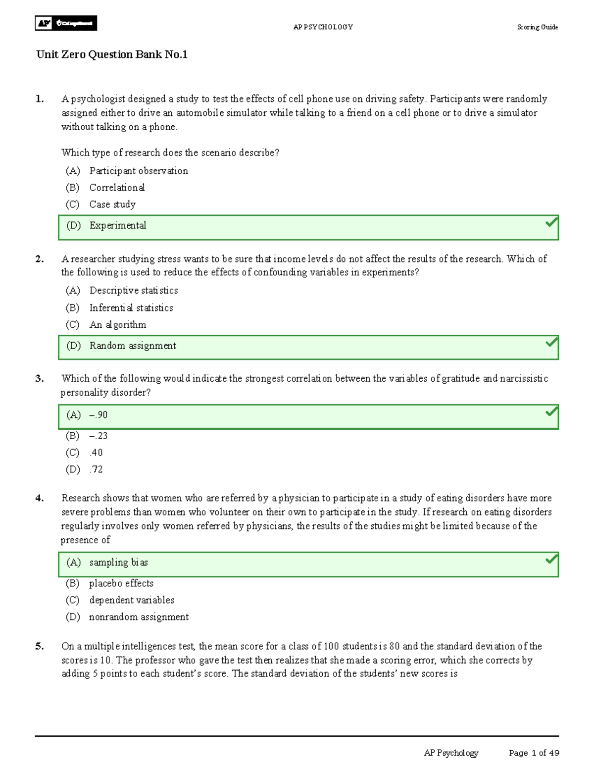 AP PSYCHOLOGY Unit 0 Question Bank No.1 - Scoring Guide and Answers ...
