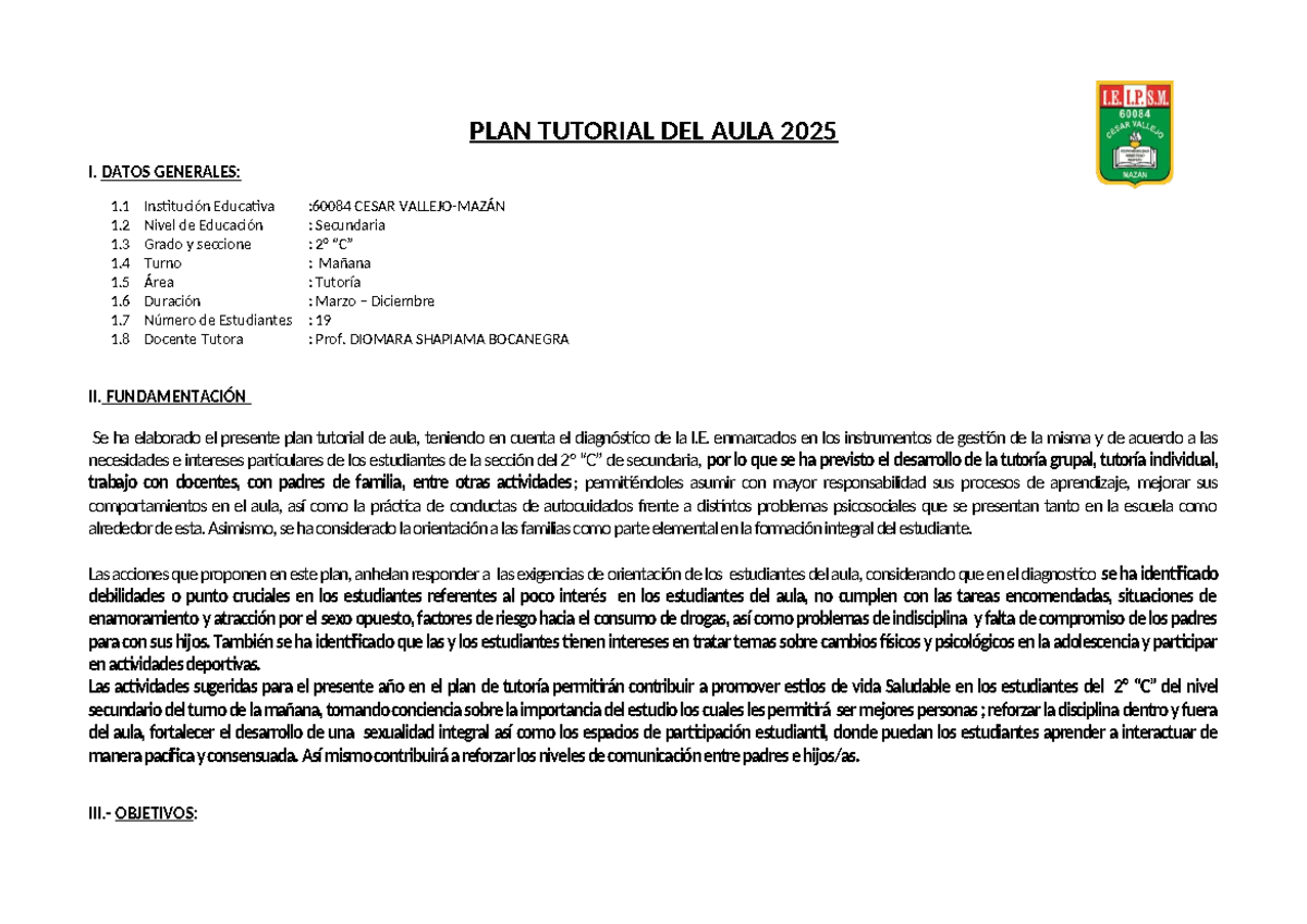 PLAN Tutorial de Aula 2025 para Secundaria - 2° "C" - Studocu