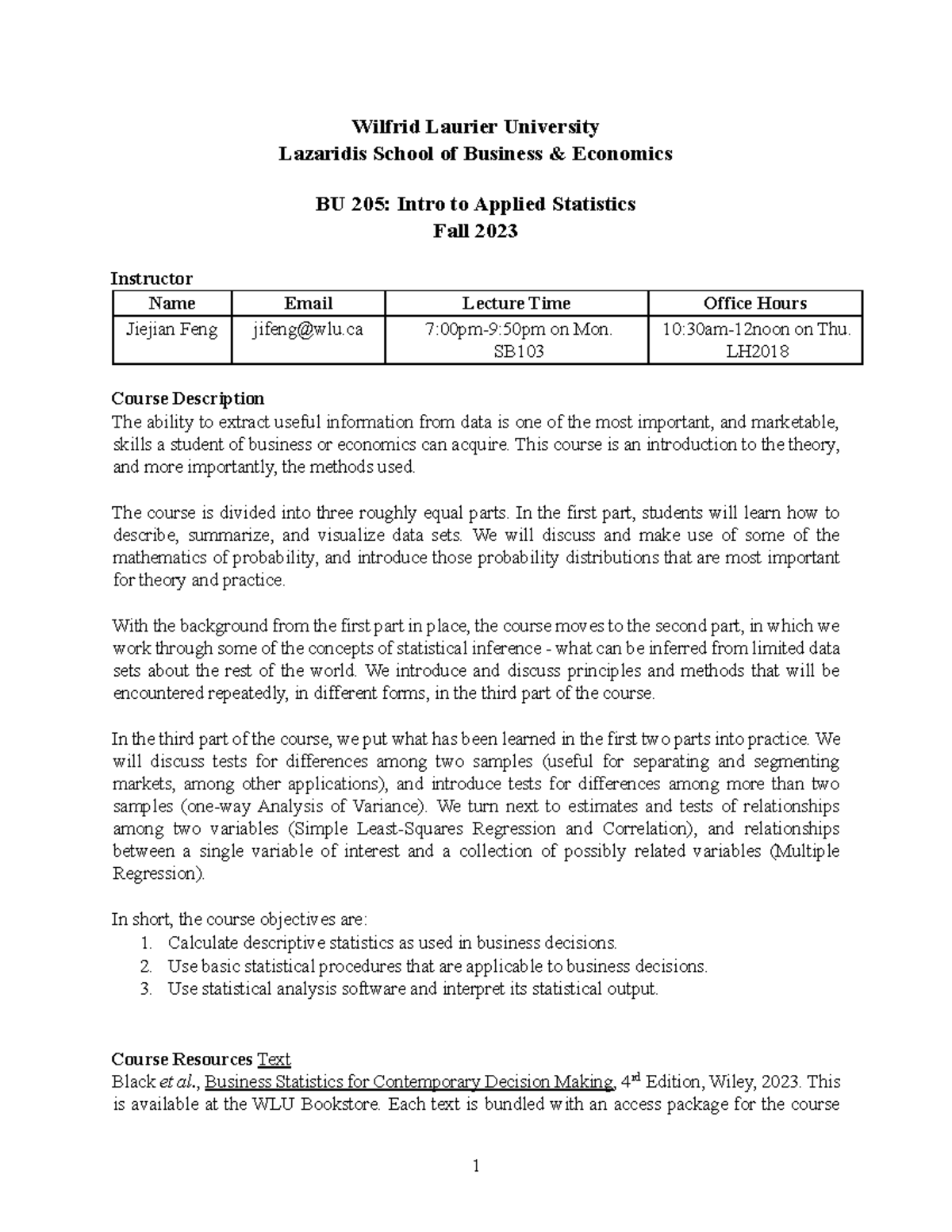 BU205 Fall 2023: Intro to Applied Statistics Course Outline - Studocu