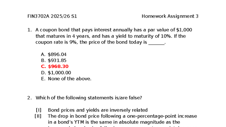 FIN3702A S1 Homework Assignment 3 Solutions and Practice - Studocu