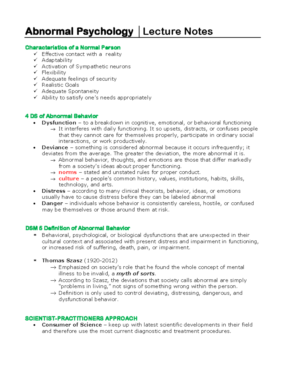 Abnormal Psychology (PSY 201) Lecture Notes: Key Concepts & Definitions ...