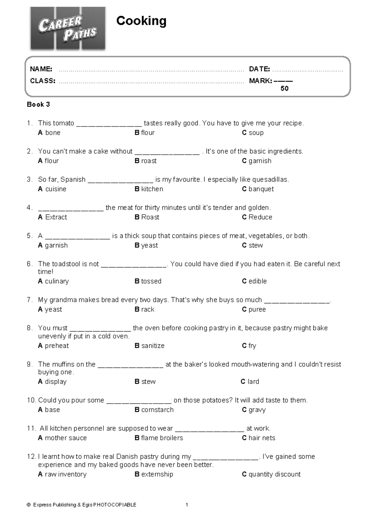 Cooking B3 Test: Culinary Vocabulary and Techniques Quiz - Studocu