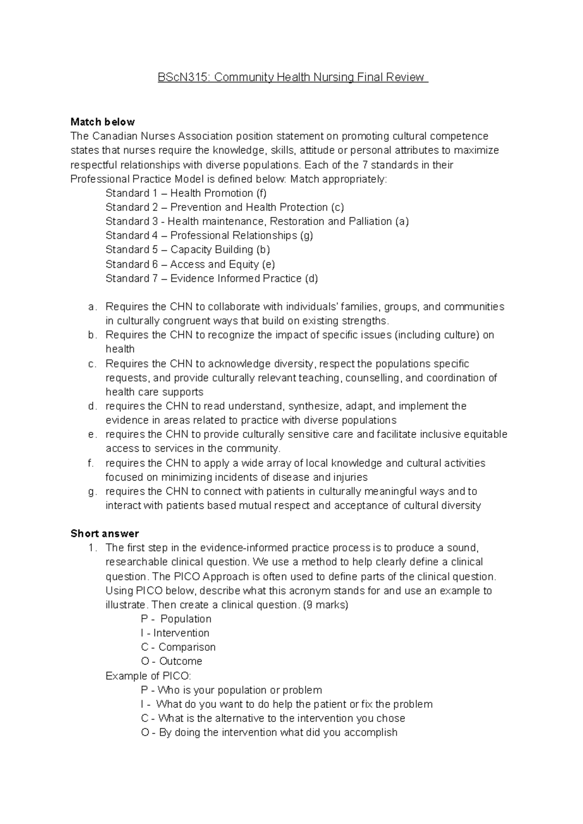 BSc N315 Community Health Nursing Final Exam Study Guide - Studocu