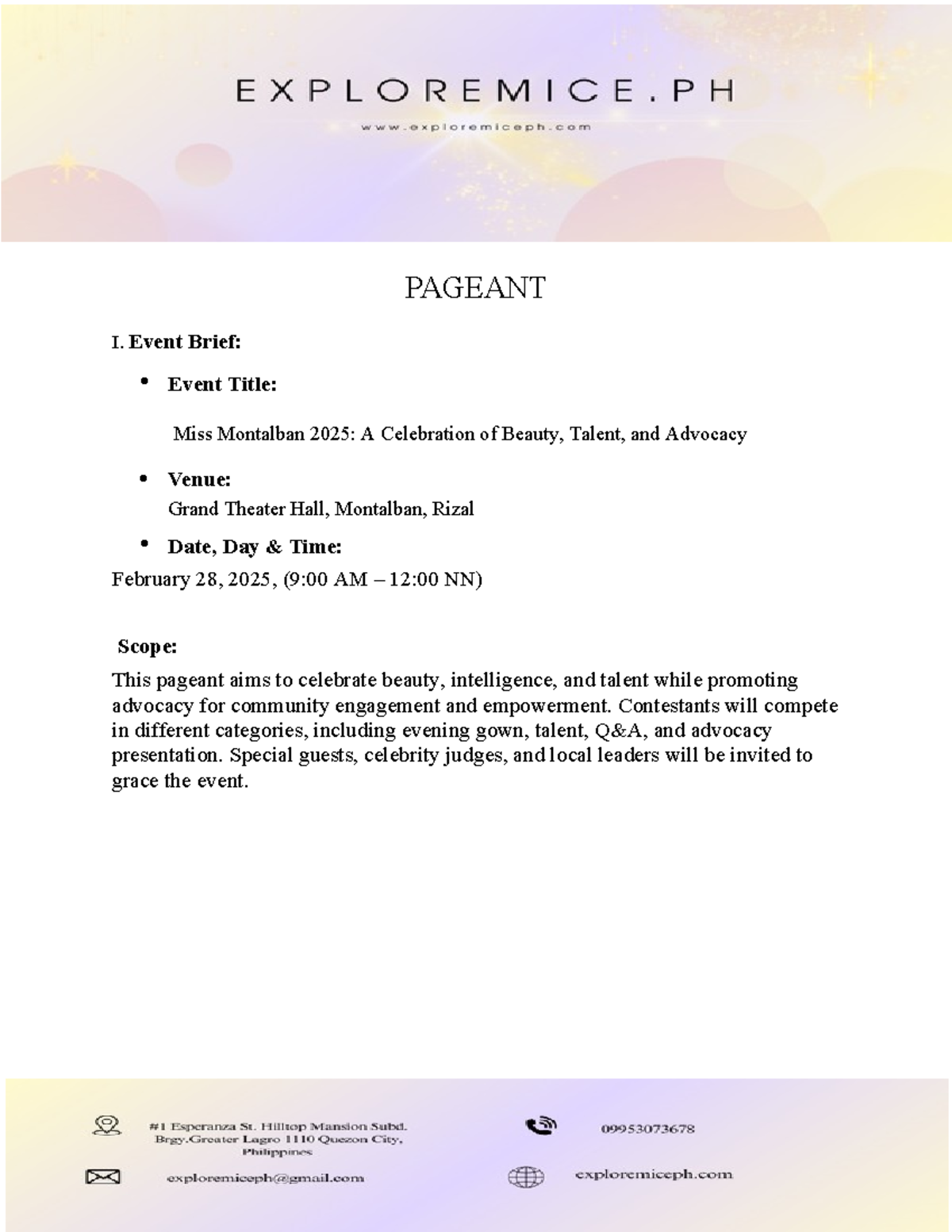 Pageant- Eventproposal - PAGEANT ####### I. Event Brief: Event Title ...