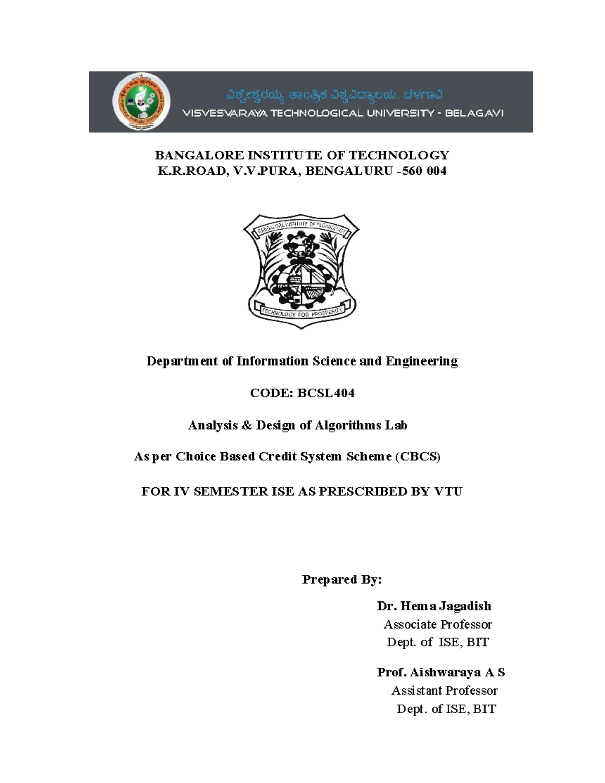 Analysis and Design of Algorithms Lab Manual (BCSL404) - Studocu