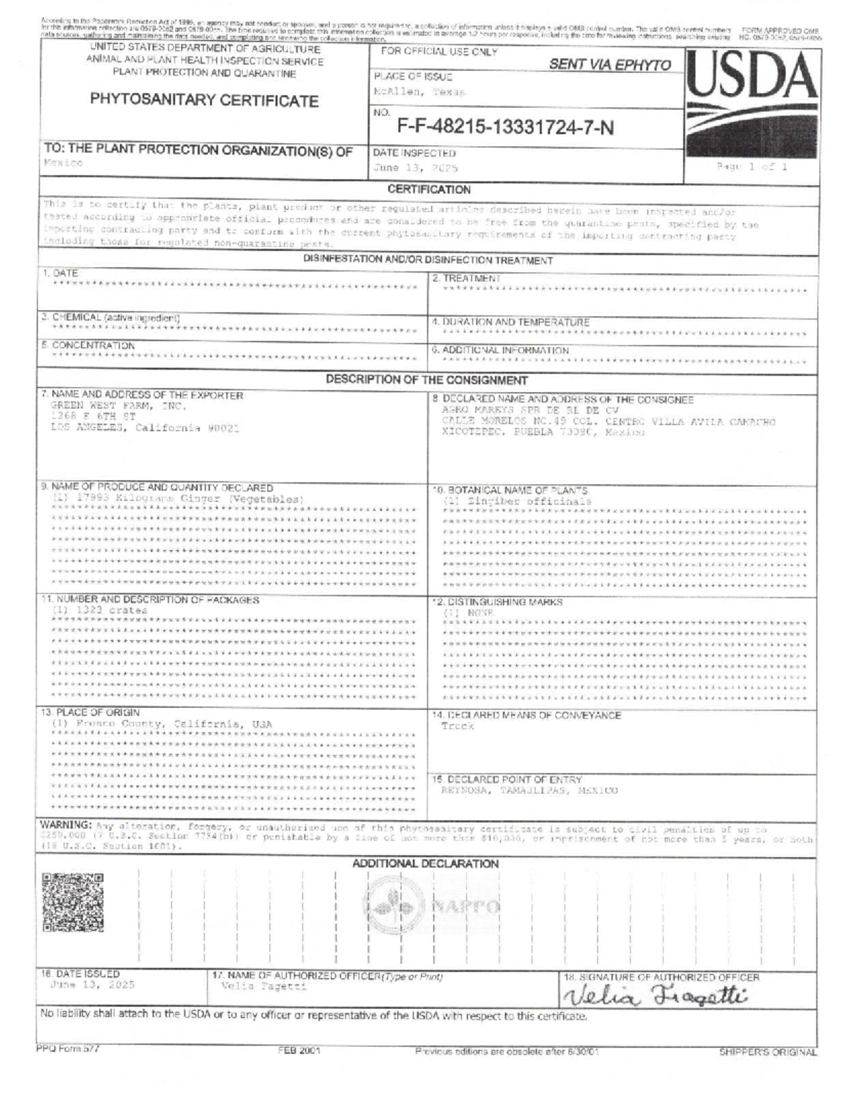 Phytosanitary Certificate - USDA PPQ Form 577 (June 13, 2025) - Studocu