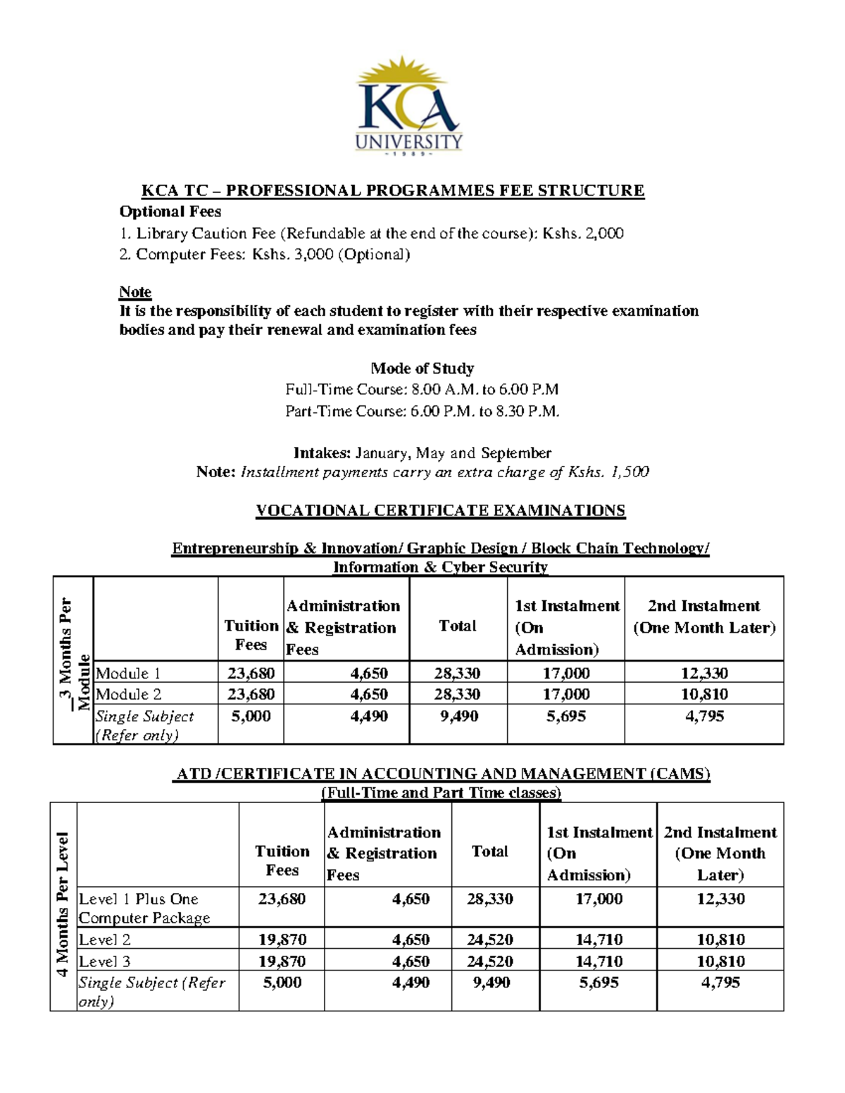 KCA TC Professional Programmes Fee Structure Overview and Details - Studocu