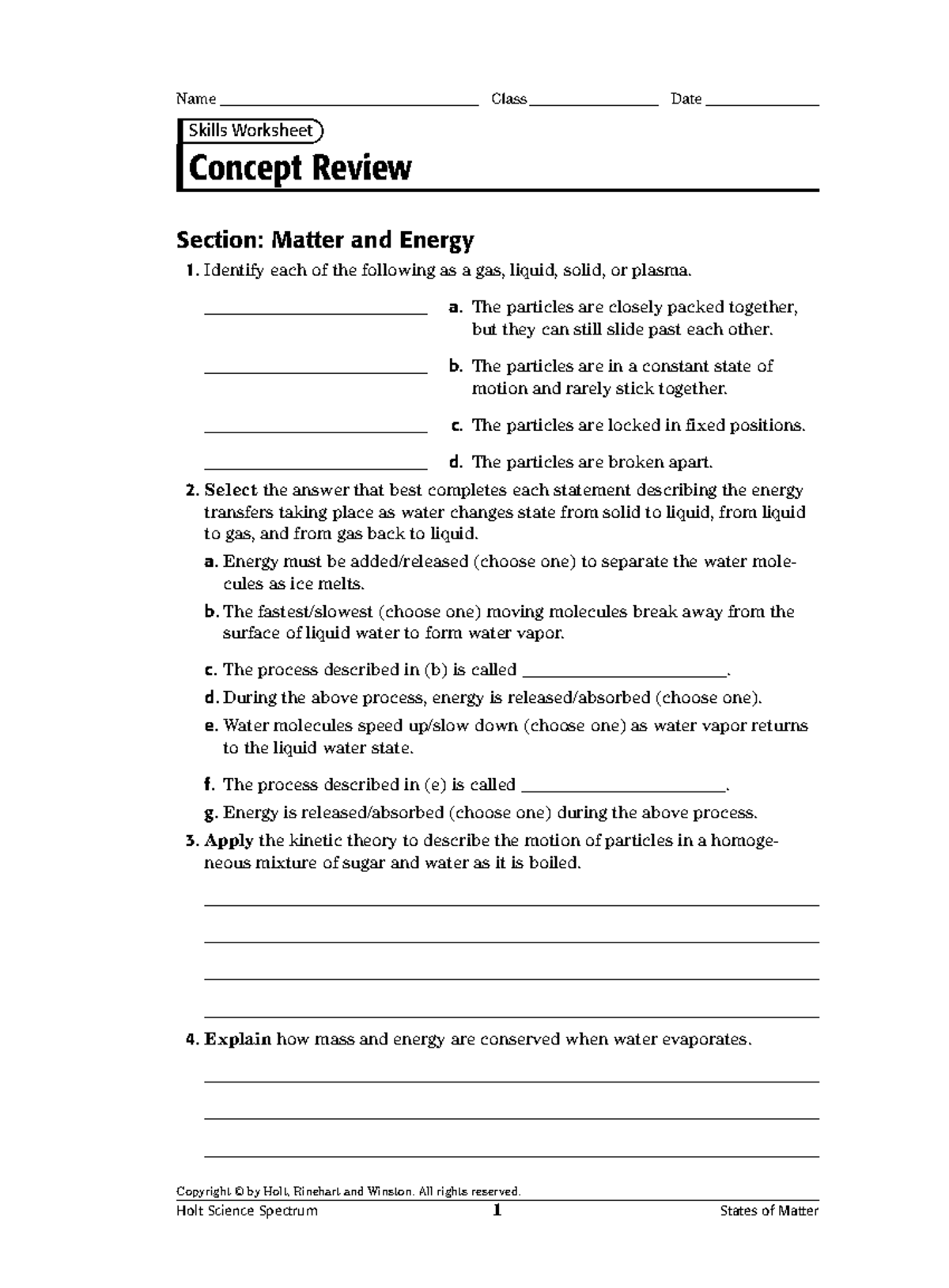 Concept Review - Matter & Energy Understanding (Holt Science Spectrum ...