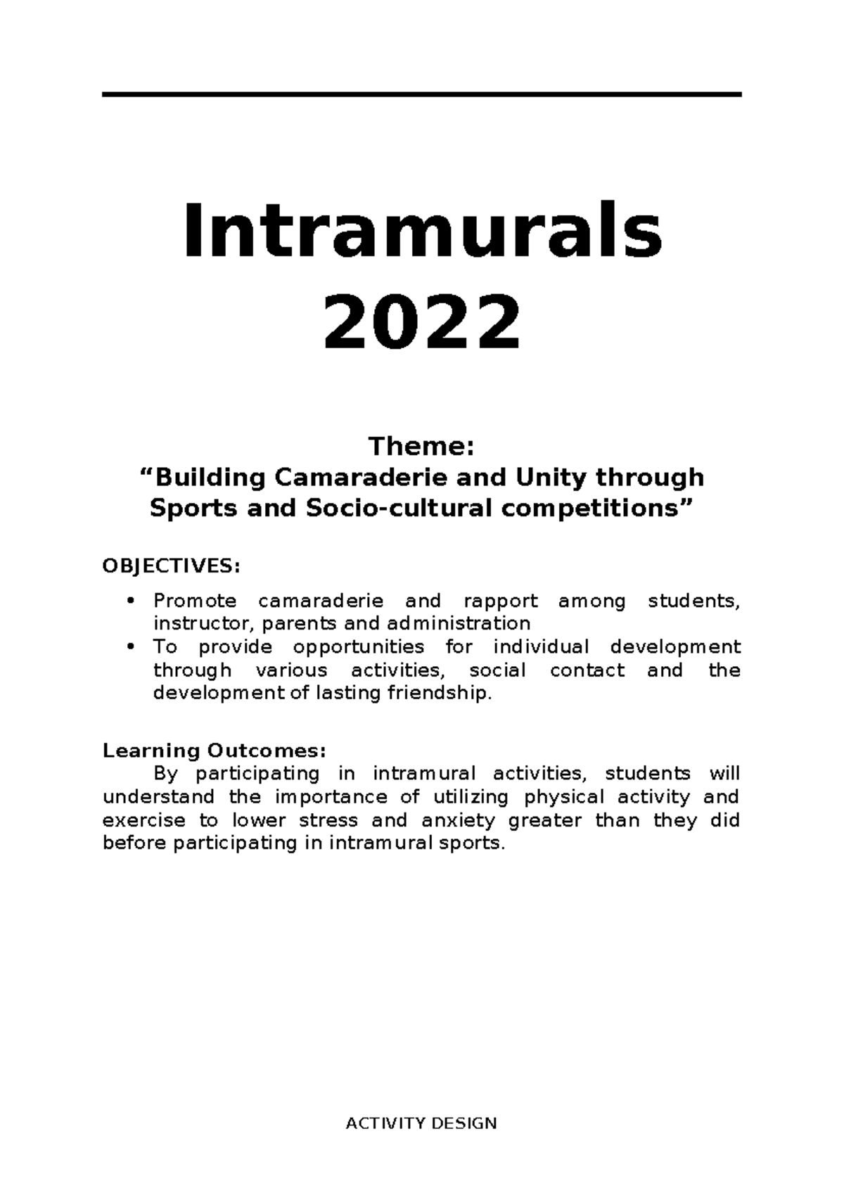 Intramurals 2022: Camaraderie &amp; Unity through Sports Activities - Studocu
