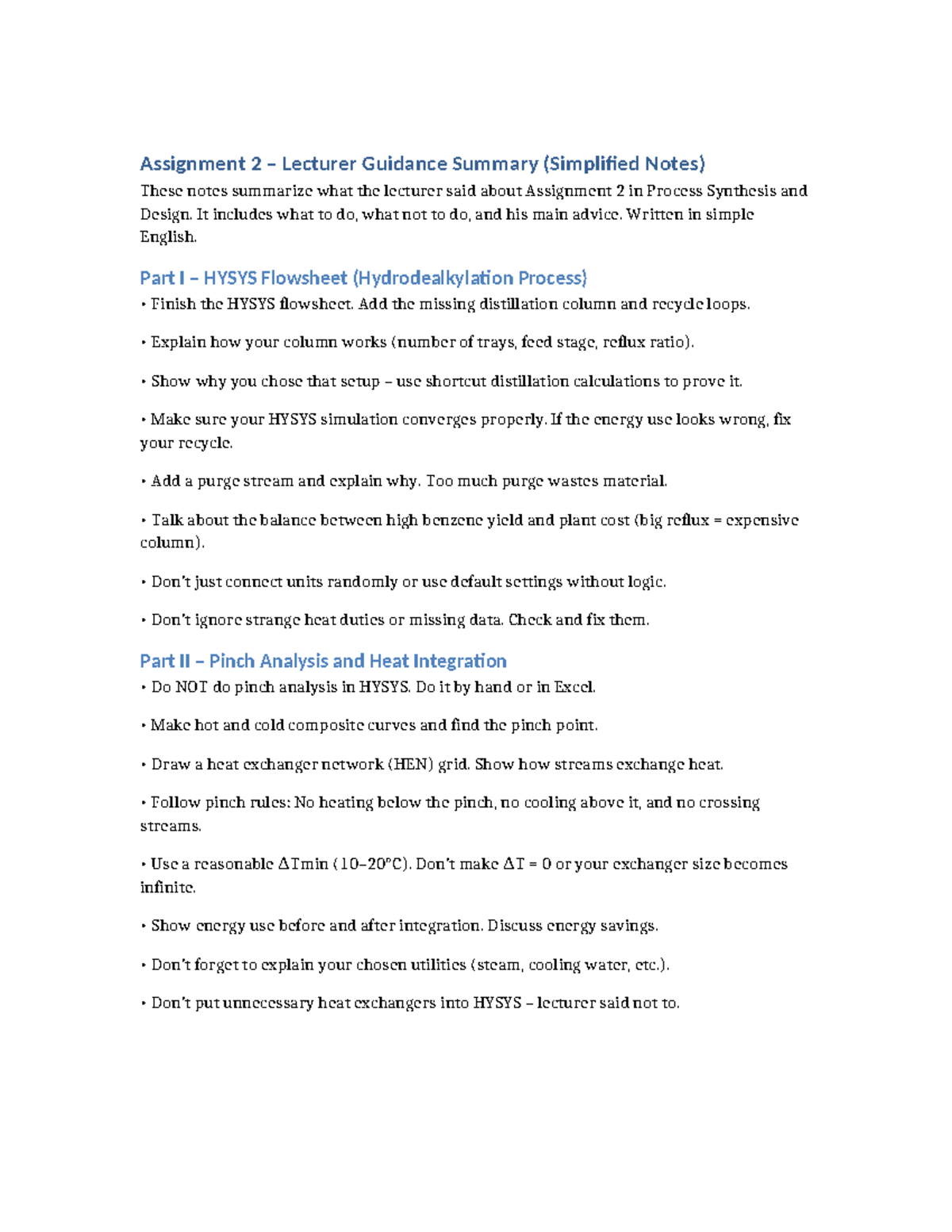 Assignment 2 Guidance Summary for Process Synthesis & Design - Studocu