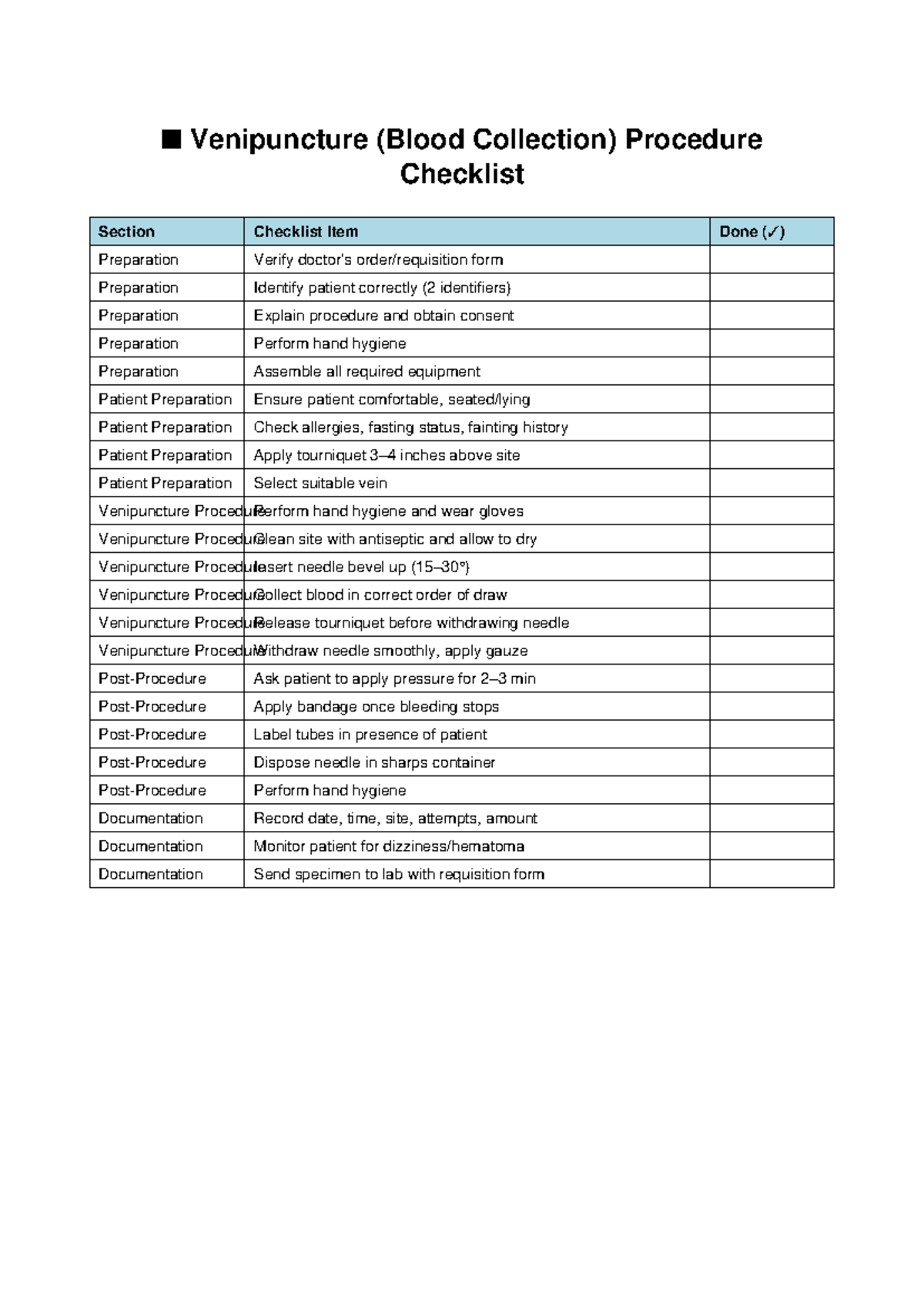 Venipuncture (Blood Collection) Procedure Checklist - 2 - Studocu