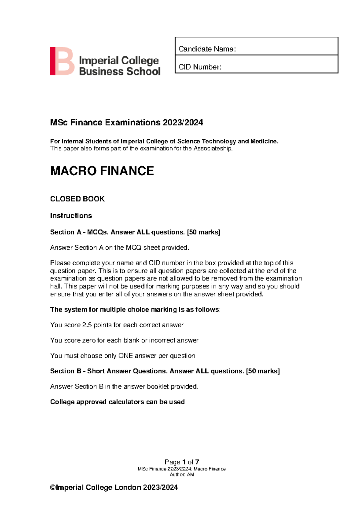 MSc Finance Macro Finance Exam 2023-24: MCQs & Short Answers - Studocu