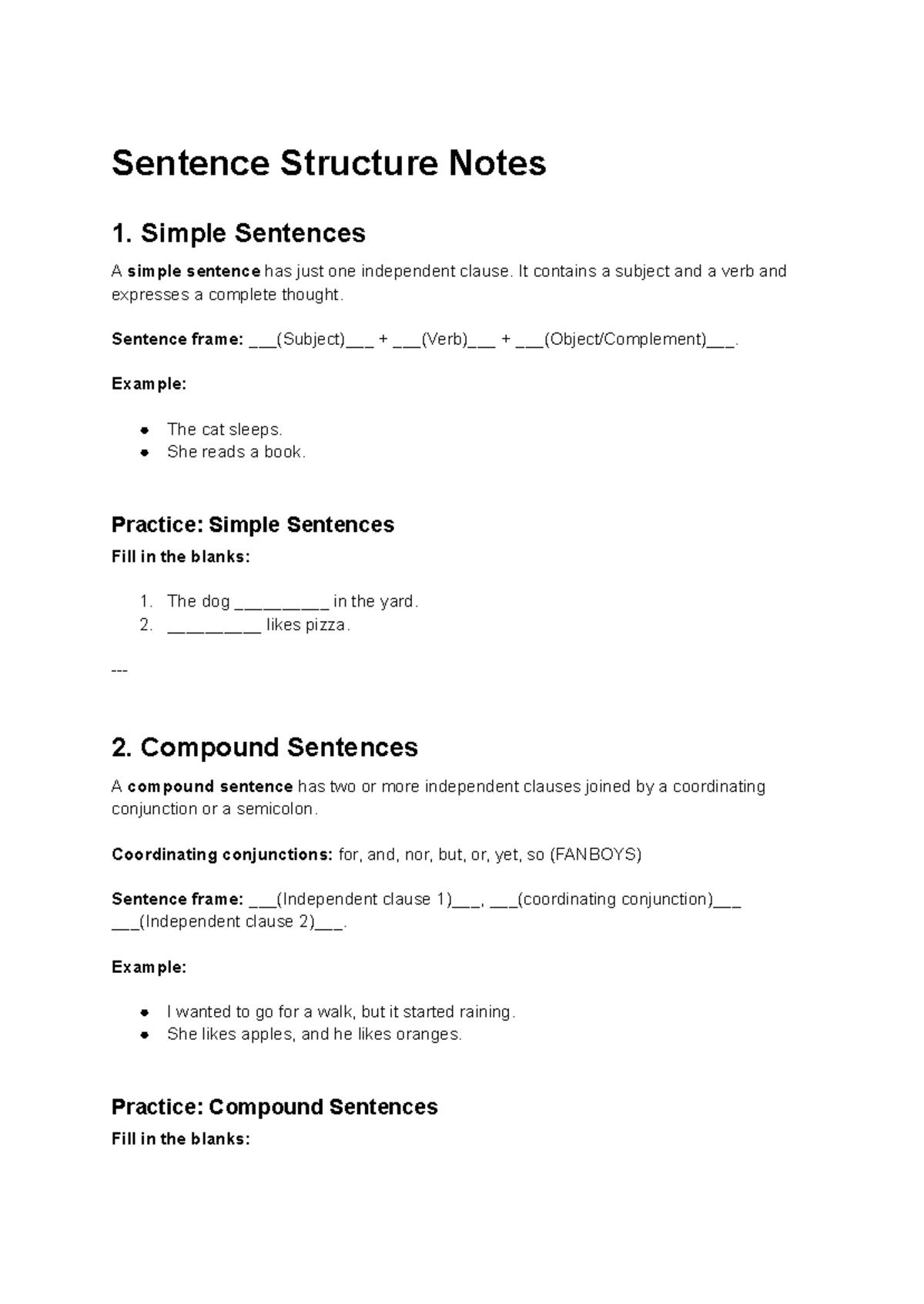 Sentence Structure Notes: Simple, Compound, and Complex Sentences - Studocu