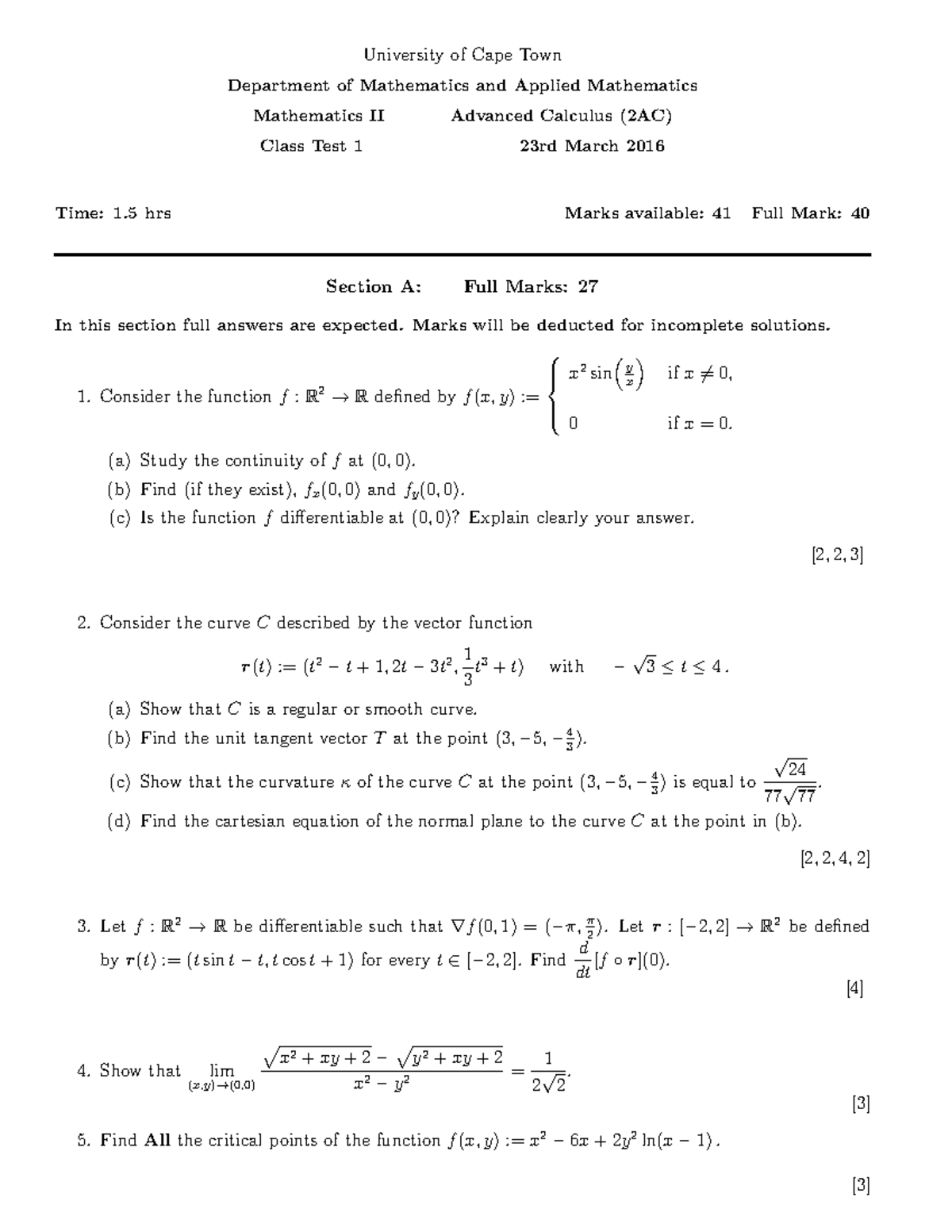 Mathematics II (2AC) Advanced Calculus Class Test 1 - March 2016 - Studocu