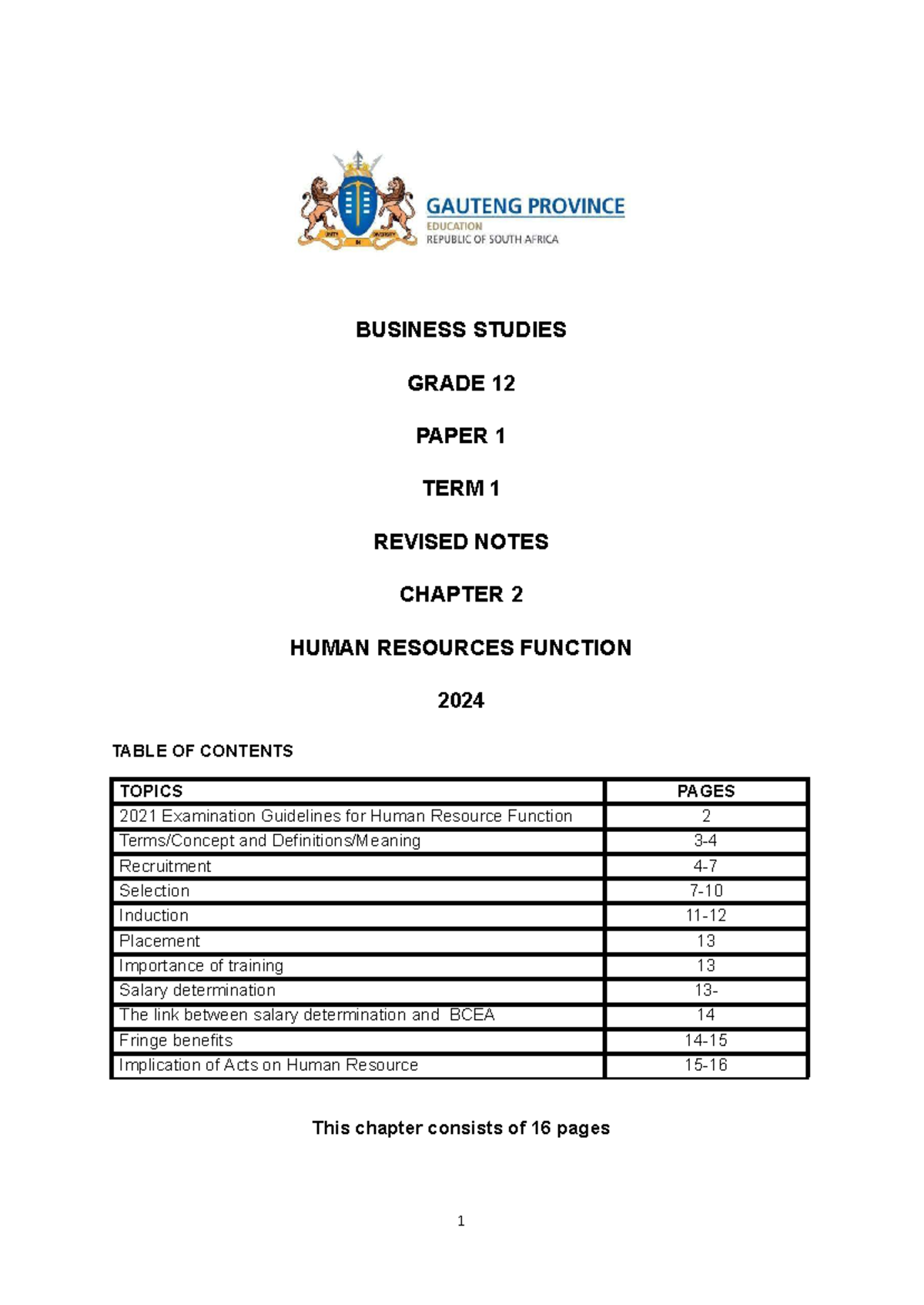 BUSINESS STUDIES GRADE 12 PAPER 1 TERM 1 REVISED NOTES ON HUMAN ...