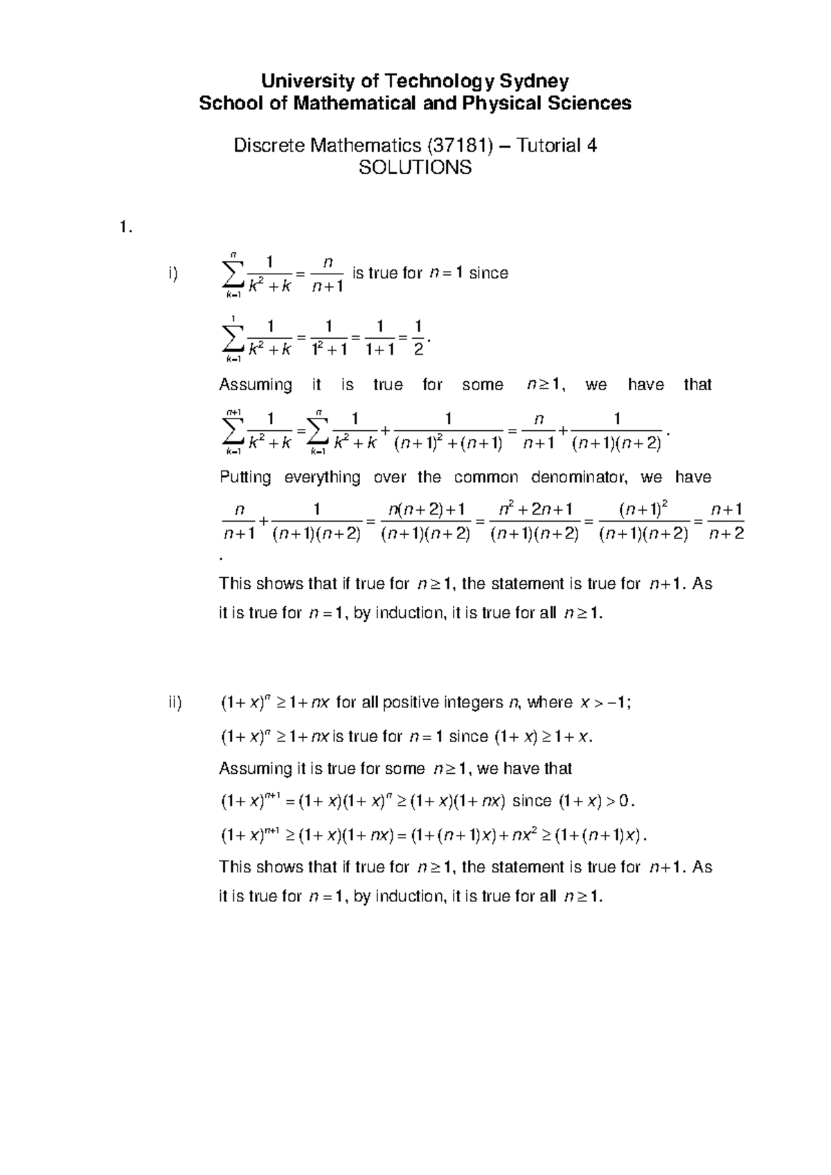 37181 Discrete Mathematics: Tutorial 4 Solutions and Practice Material ...