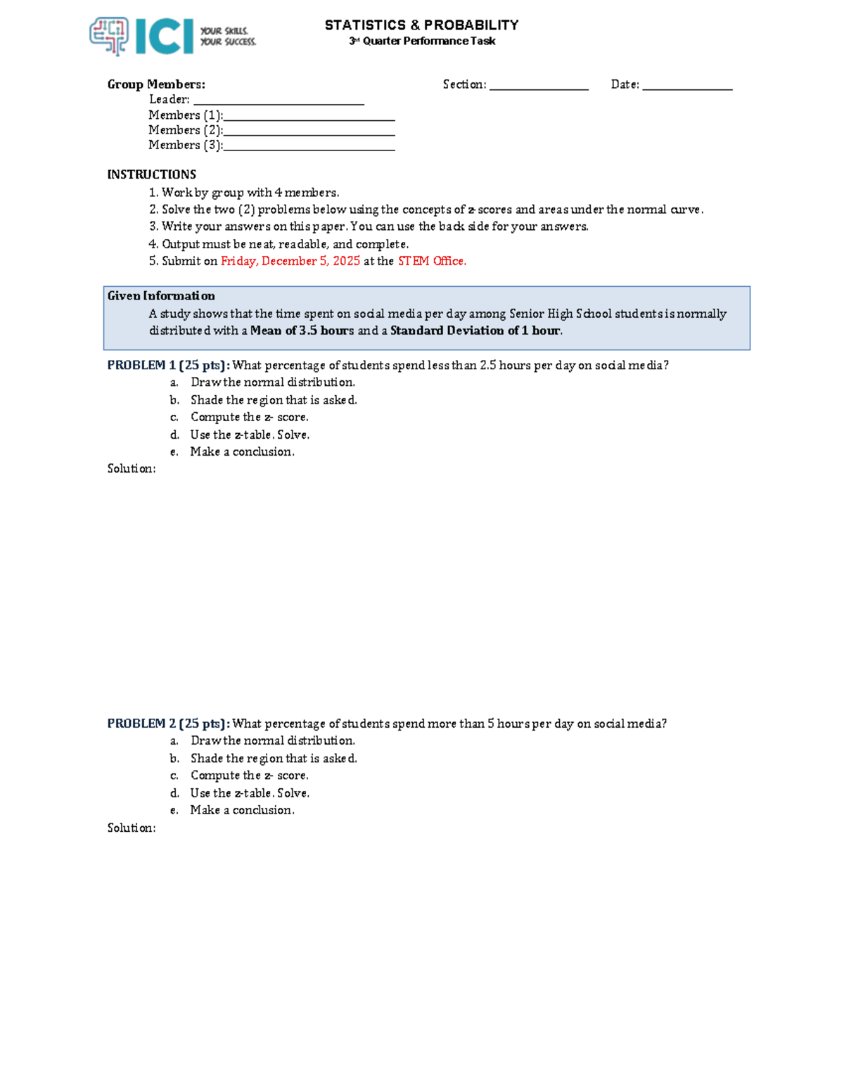 STATISTICS 3rd Quarter Performance Task: Normal Distribution Analysis ...