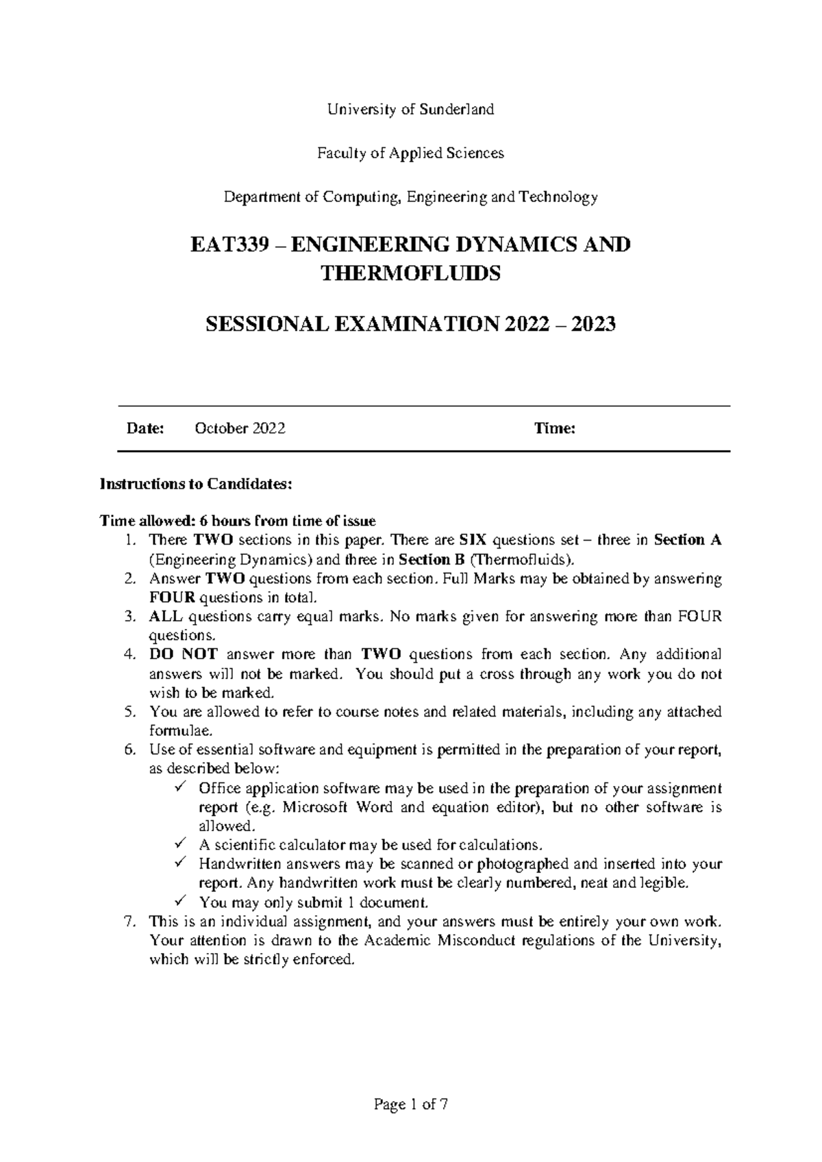 EAT339 Engineering Dynamics and Thermofluids Sessional Exam 2022-2023 ...