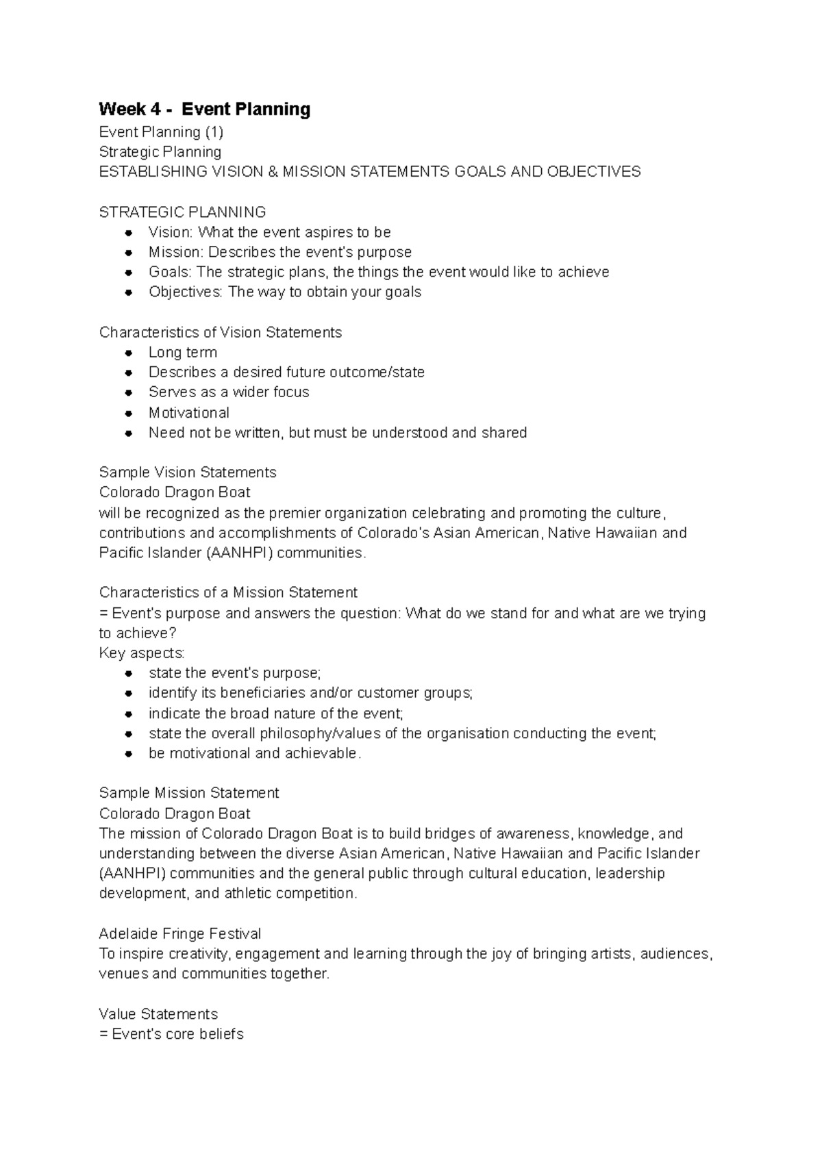Week 4 - Event Planning Lecture Notes: Vision, Mission & Goals - Studocu