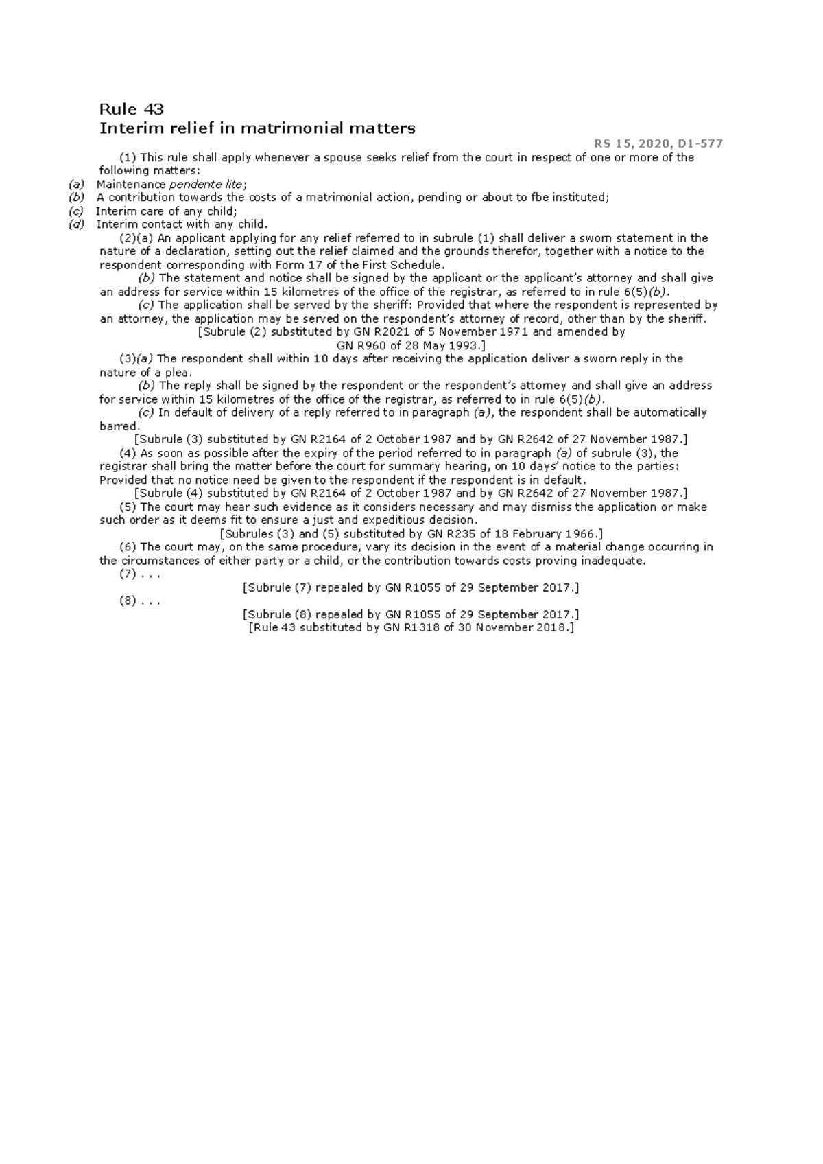 Rule 43 Interim Relief in Matrimonial Matters RS 15, 2020 - Studocu