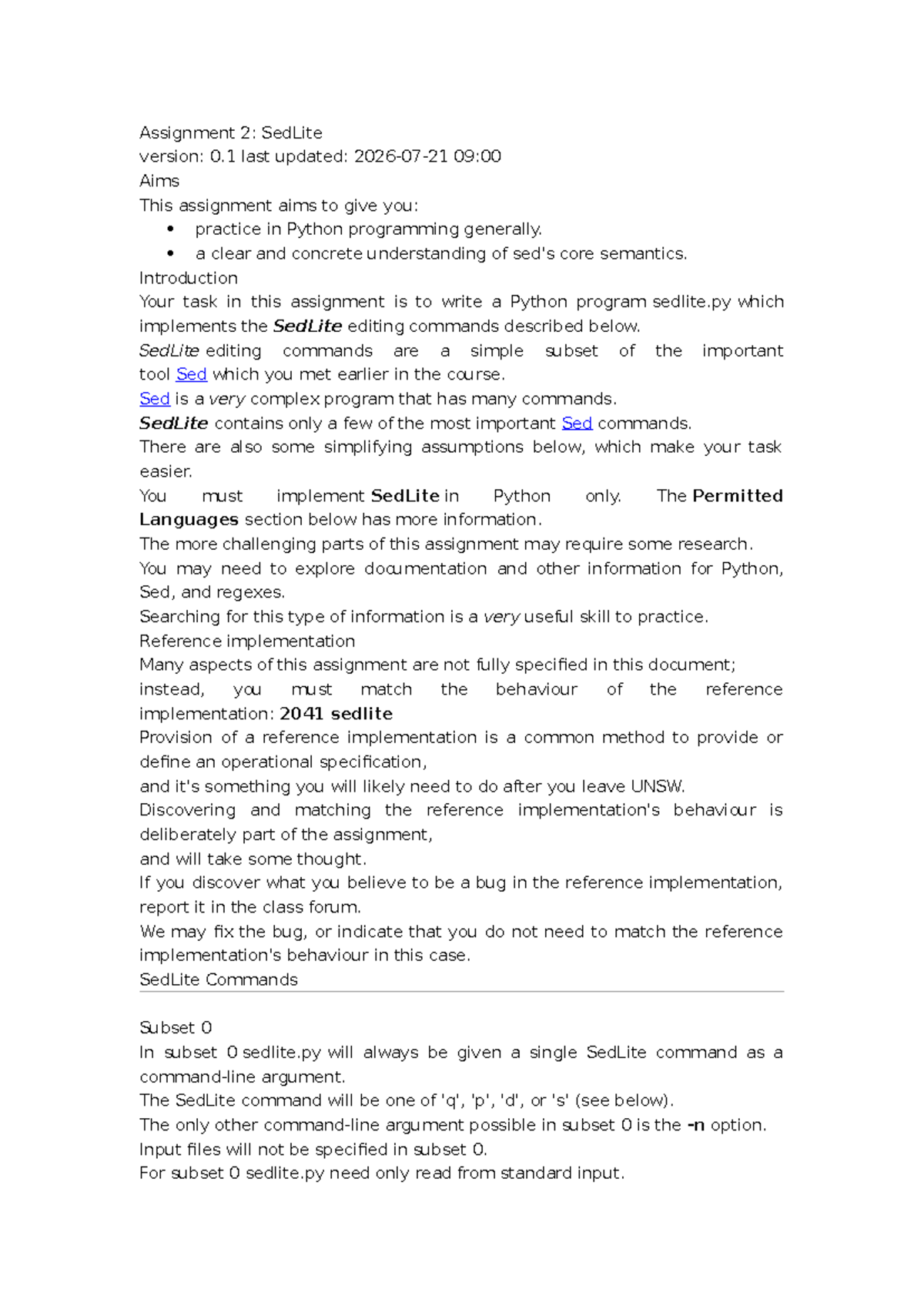 COMP9044 Assignment 2: Implementing SedLite in Python - Studocu