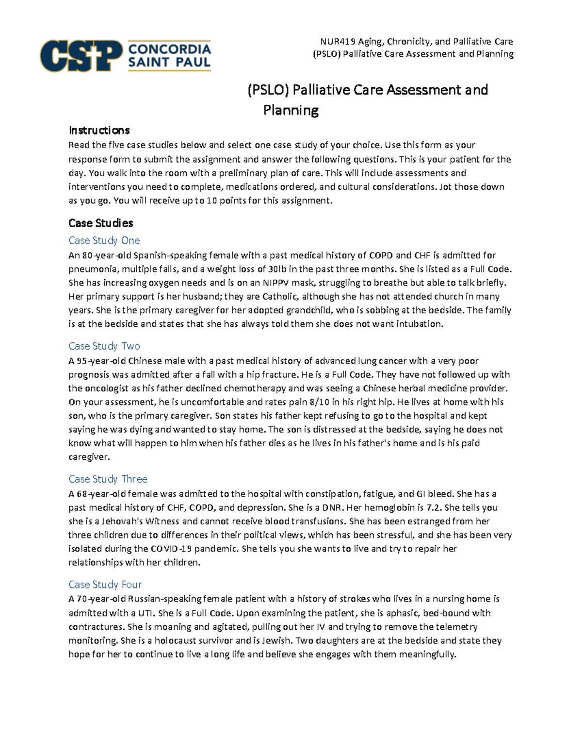 NUR419 (PSLO) Palliative Care Assessment: Case Study & Planning Guide ...