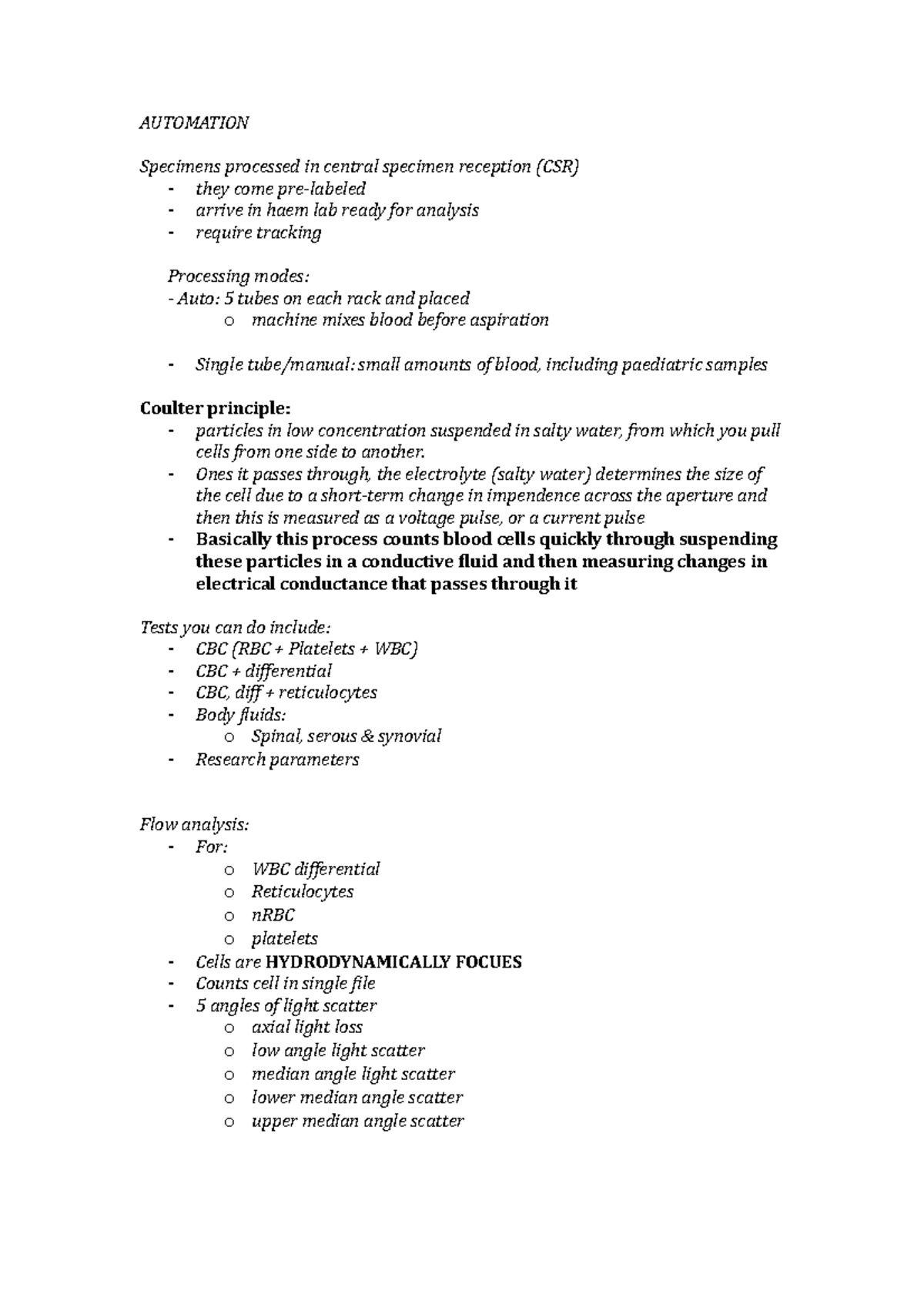 Lecture notes, lecture Week 1-5, 8-9 - AUTOMATION Specimens processed ...