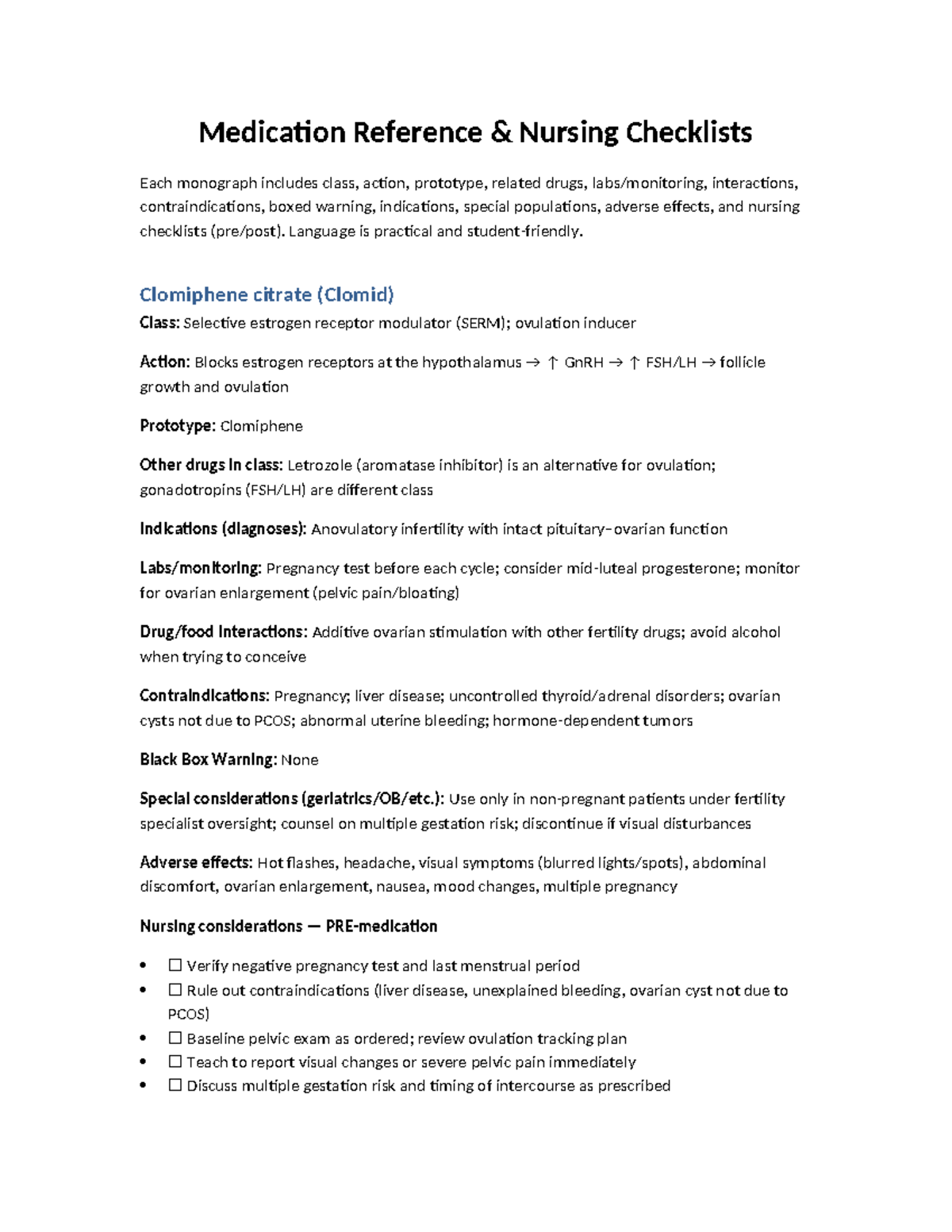 Module 1 Drug Cards: Nursing Checklists for Medication Reference - Studocu