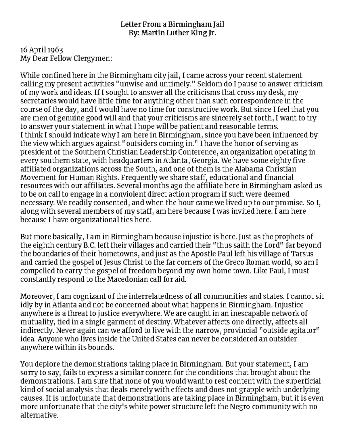 Letter From a Birmingham Jail by Martin Luther King Jr. - Studocu