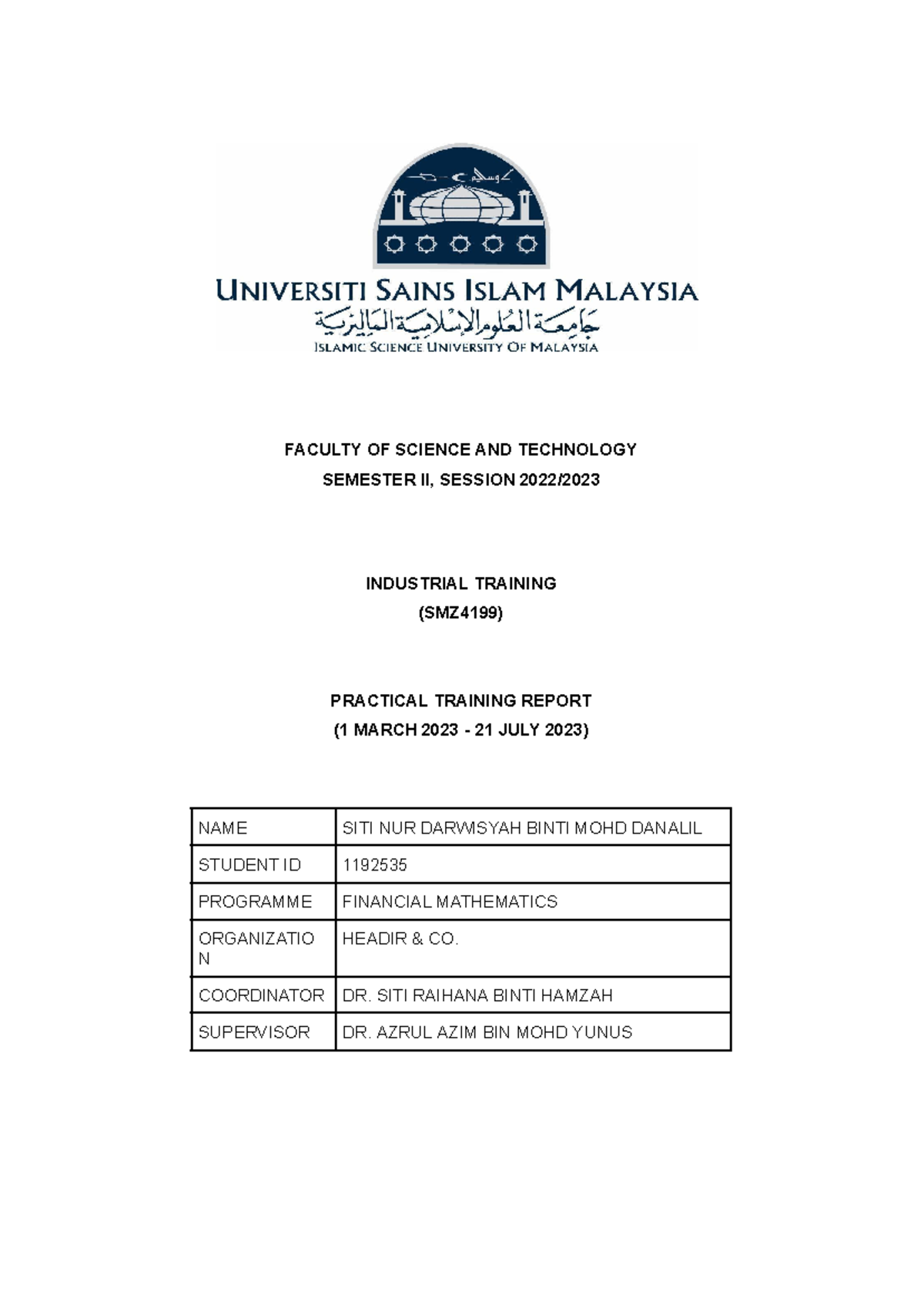 Written Industrial Training Report (1192535) - FACULTY OF SCIENCE AND ...