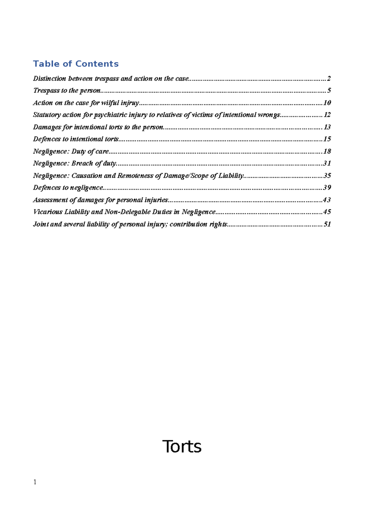 Torts 1: Comprehensive Notes on Trespass, Negligence, and Intentional ...