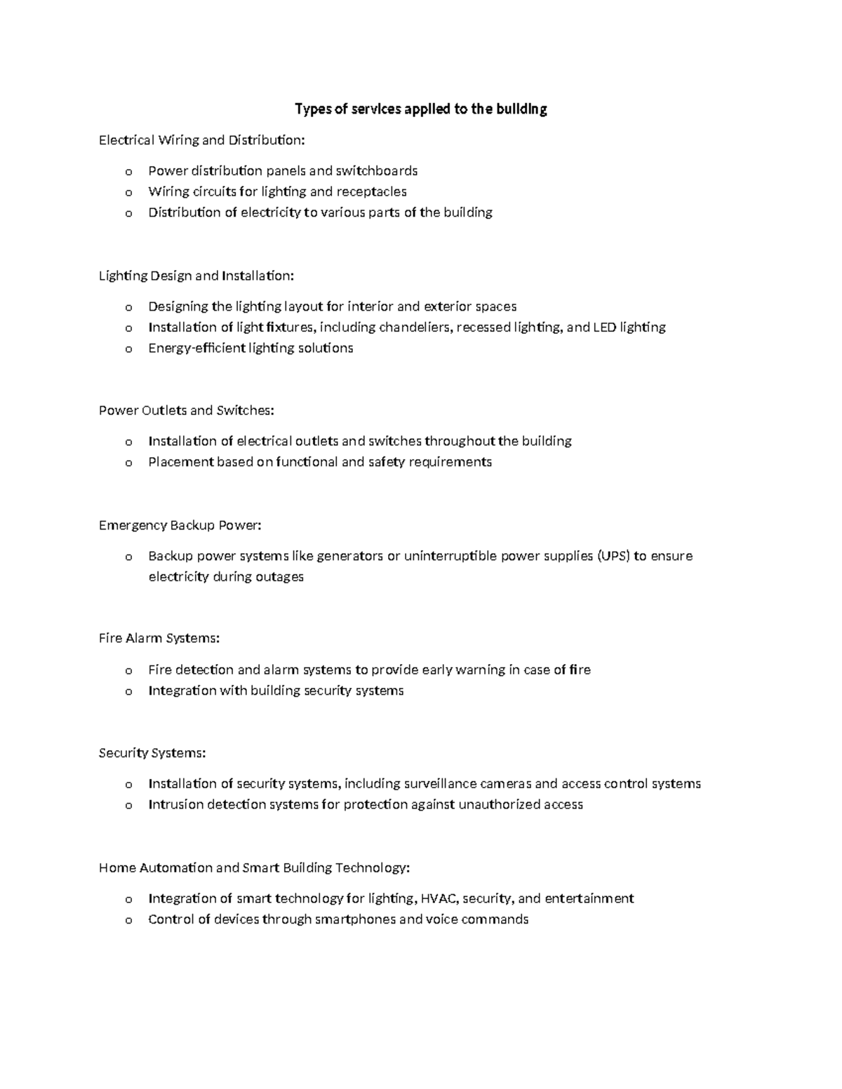 Building Electrical Services Overview: Types and Applications - Studocu