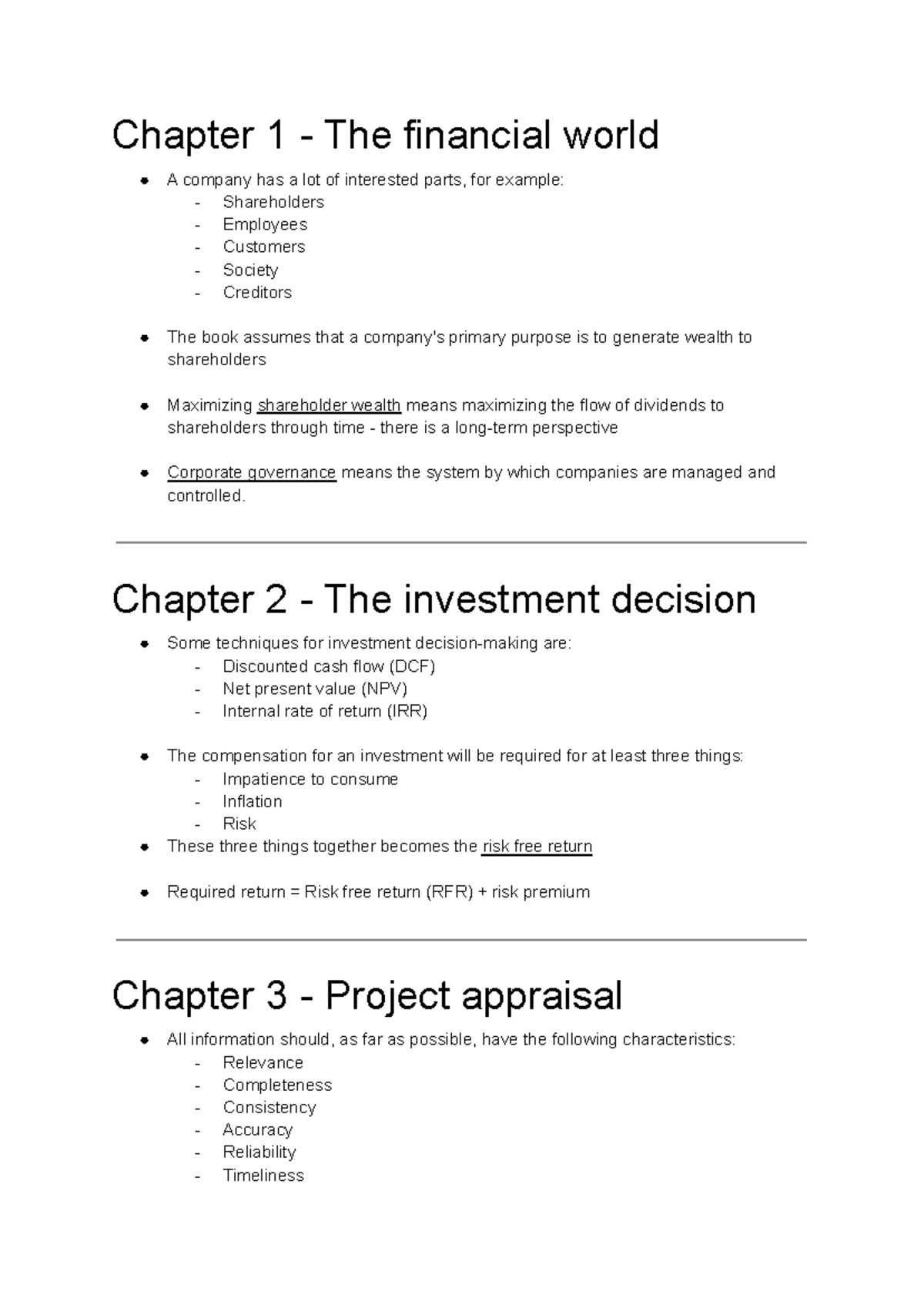 Finance 101 - Chapter Notes on Corporate Governance & Investment - Studocu