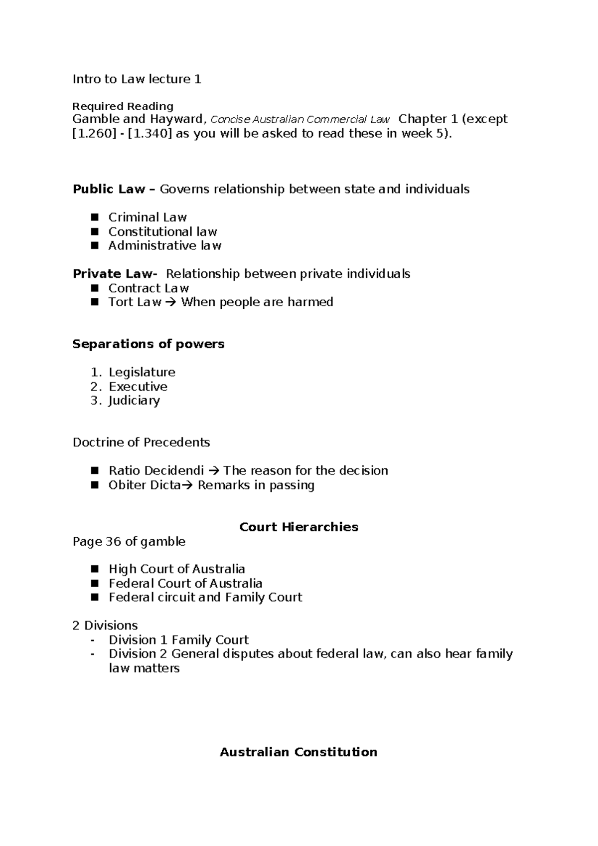 Intro to Law Lecture 1: Key Concepts & Required Readings (LAW101) - Studocu