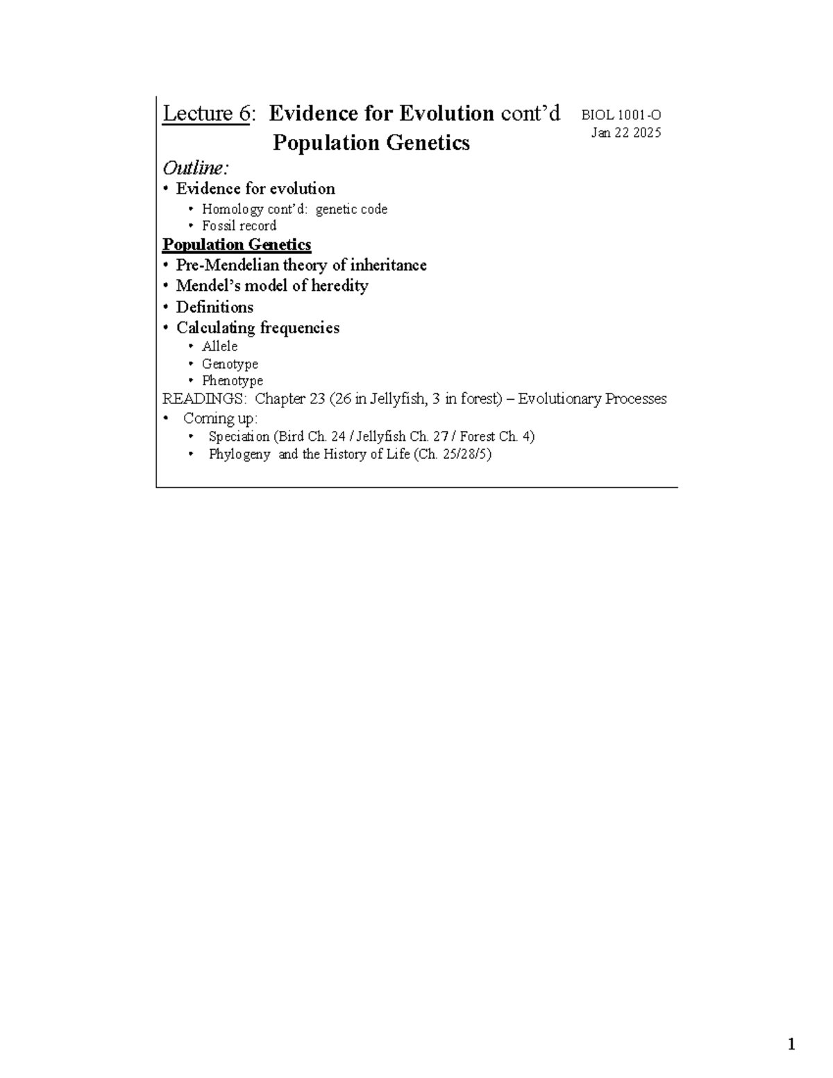 BIOL1001O Lecture 6: Evidence for Evolution and Population Genetics ...