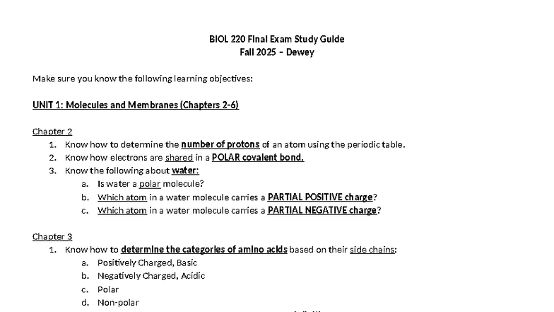 BIOL 220 Final Exam Study Guide - Key Concepts for Fall 2025 - Studocu