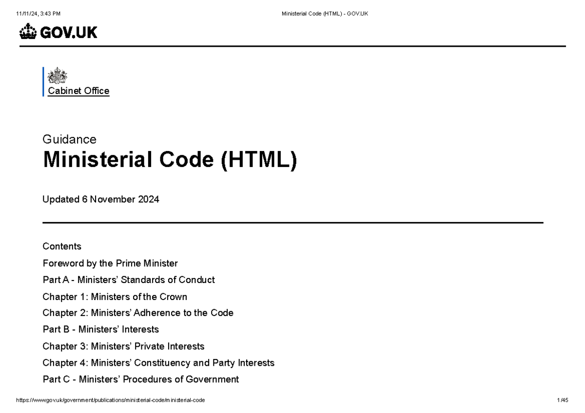 Ministerial Code 2024: Standards and Conduct Guidelines (HTML) - Studocu