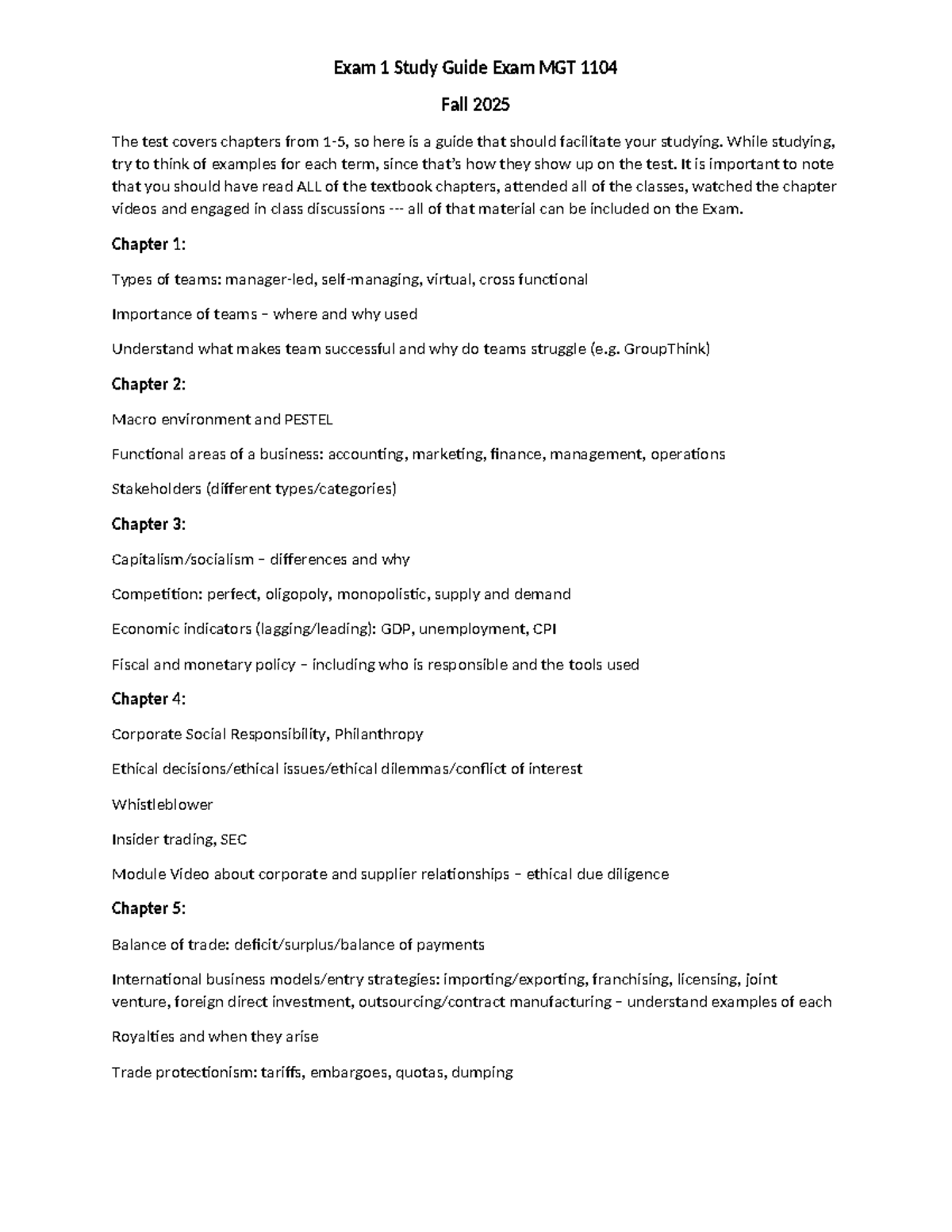 MGT 1104 Exam 1 Study Guide: Key Concepts from Chapters 1-5 (Fall 2025 ...