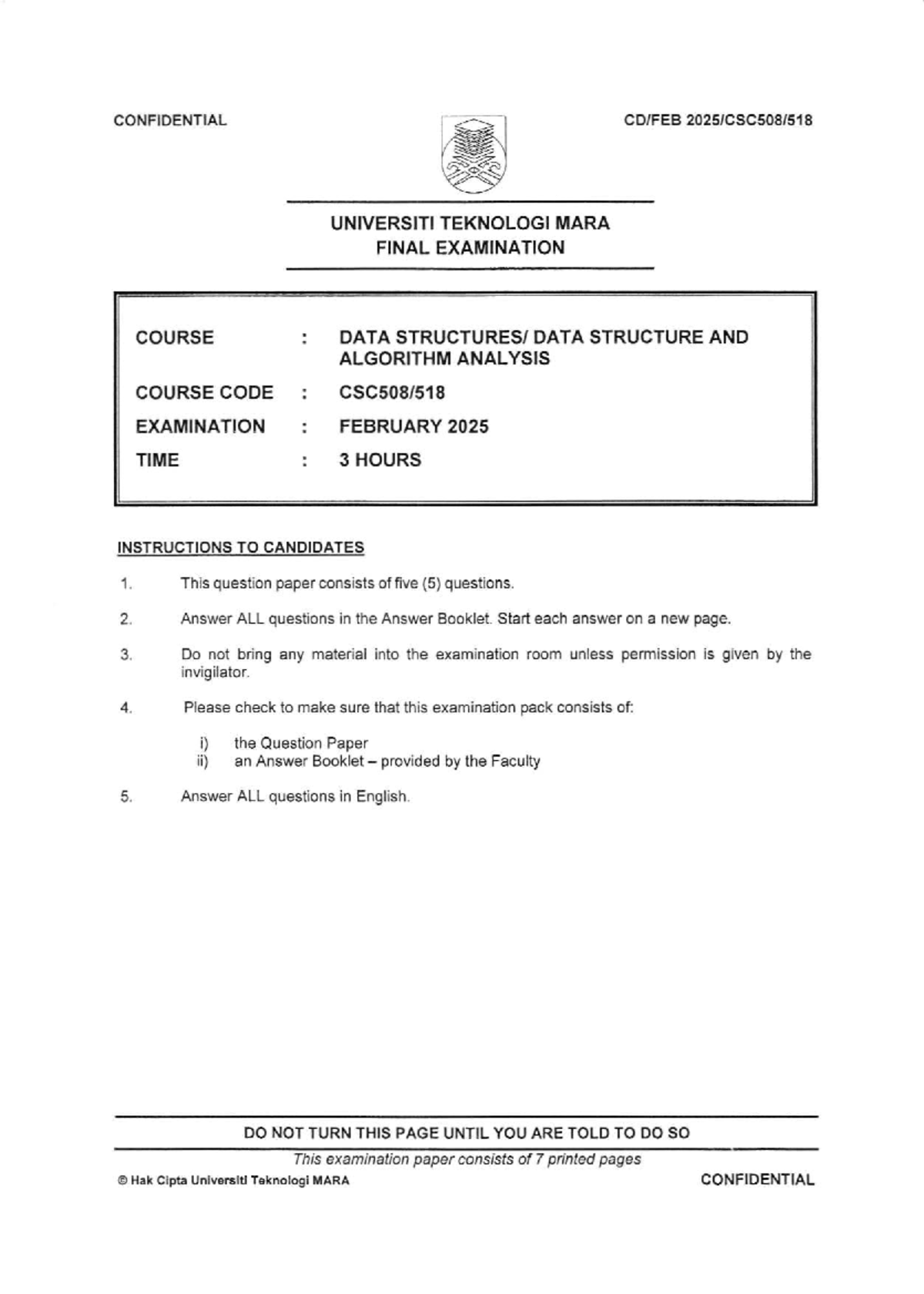 CSC508 - Final Exam: Data Structure & Algorithm Analysis, Feb 2025 ...