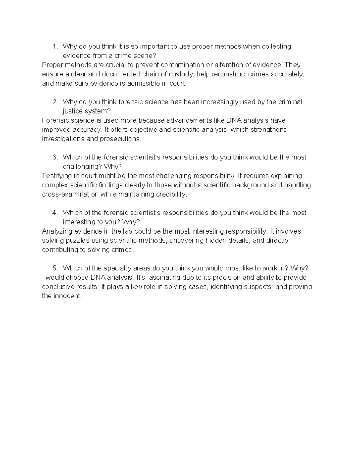 CRJ 101 Unit 1: Critical Thinking Q&A on Forensic Science - Studocu