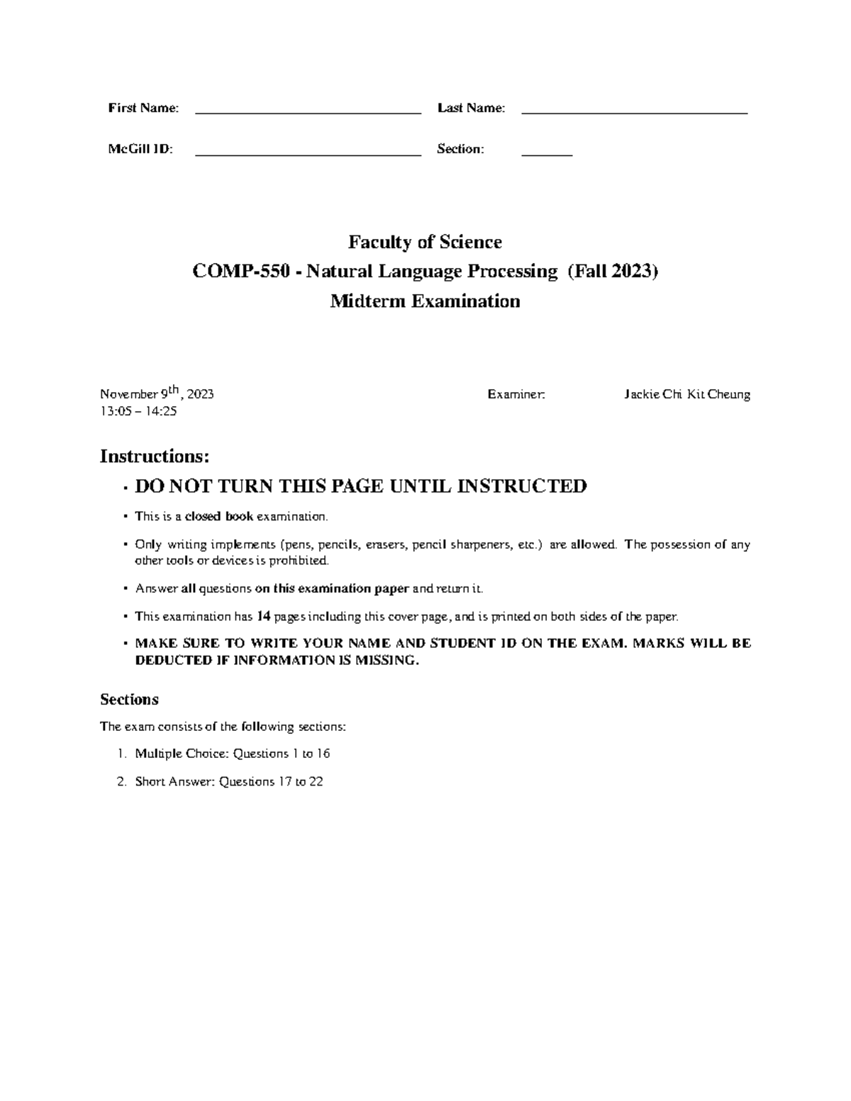 COMP 550 Fall 2023 Midterm Exam: Natural Language Processing - Studocu