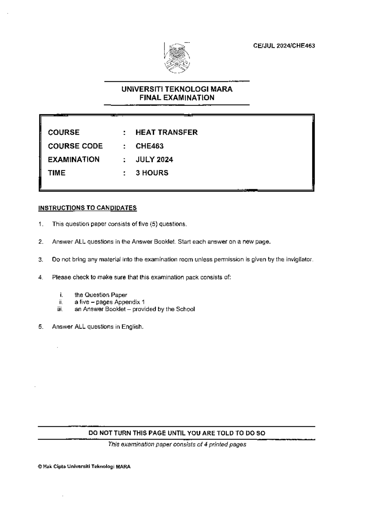 Heat Transfer Final Exam - CHE463 July 2024 - Studocu