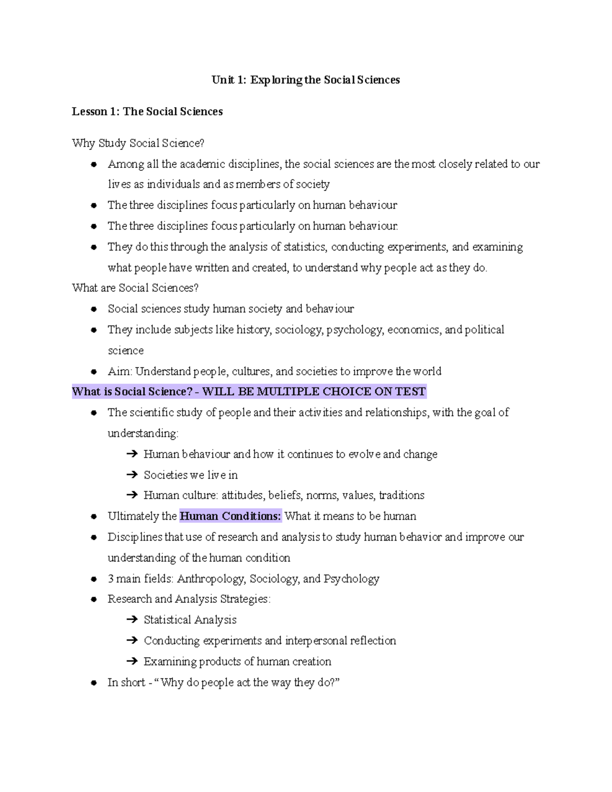 Unit 1: Exploring the Social Sciences - Study Guide for Test Review ...