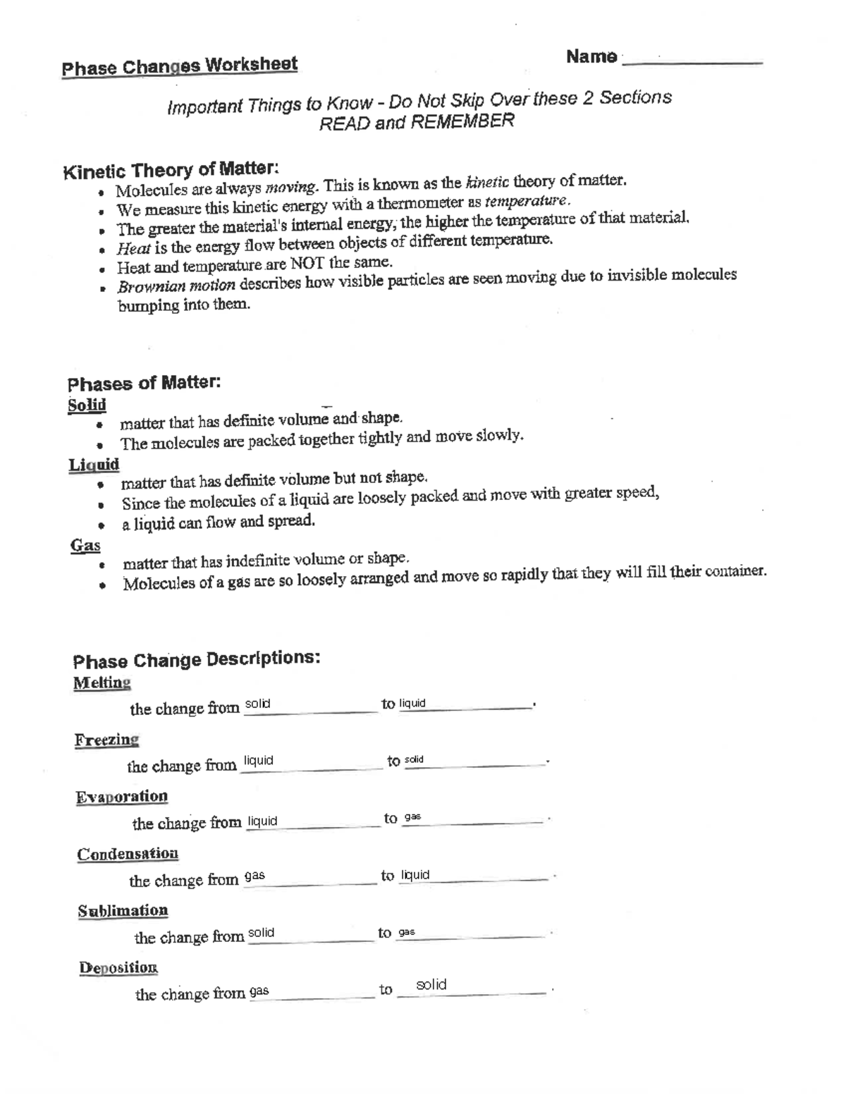 Phase change worksheet - Studocu