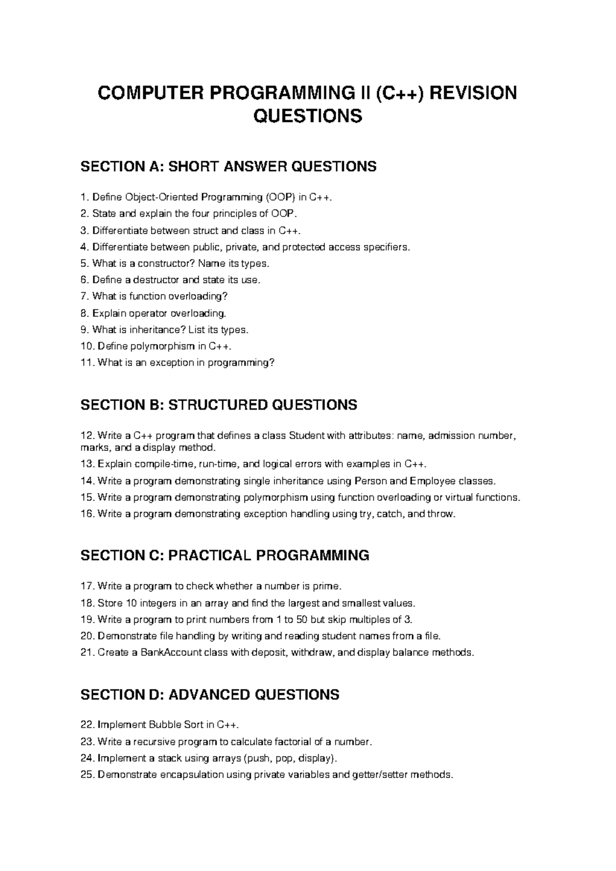 C++ Programming II Revision Questions: Short & Structured Answers - Studocu