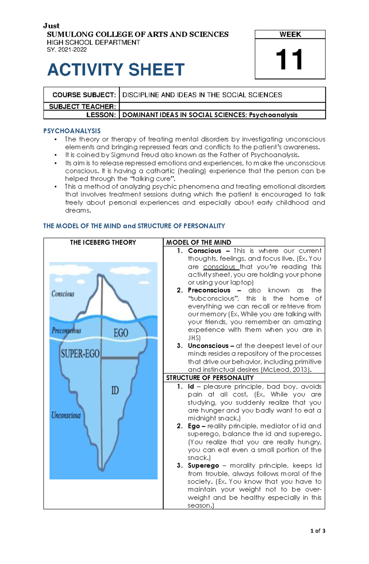 Activity Sheet DISS Lesson 4: Exploring Psychoanalysis Concepts - Studocu